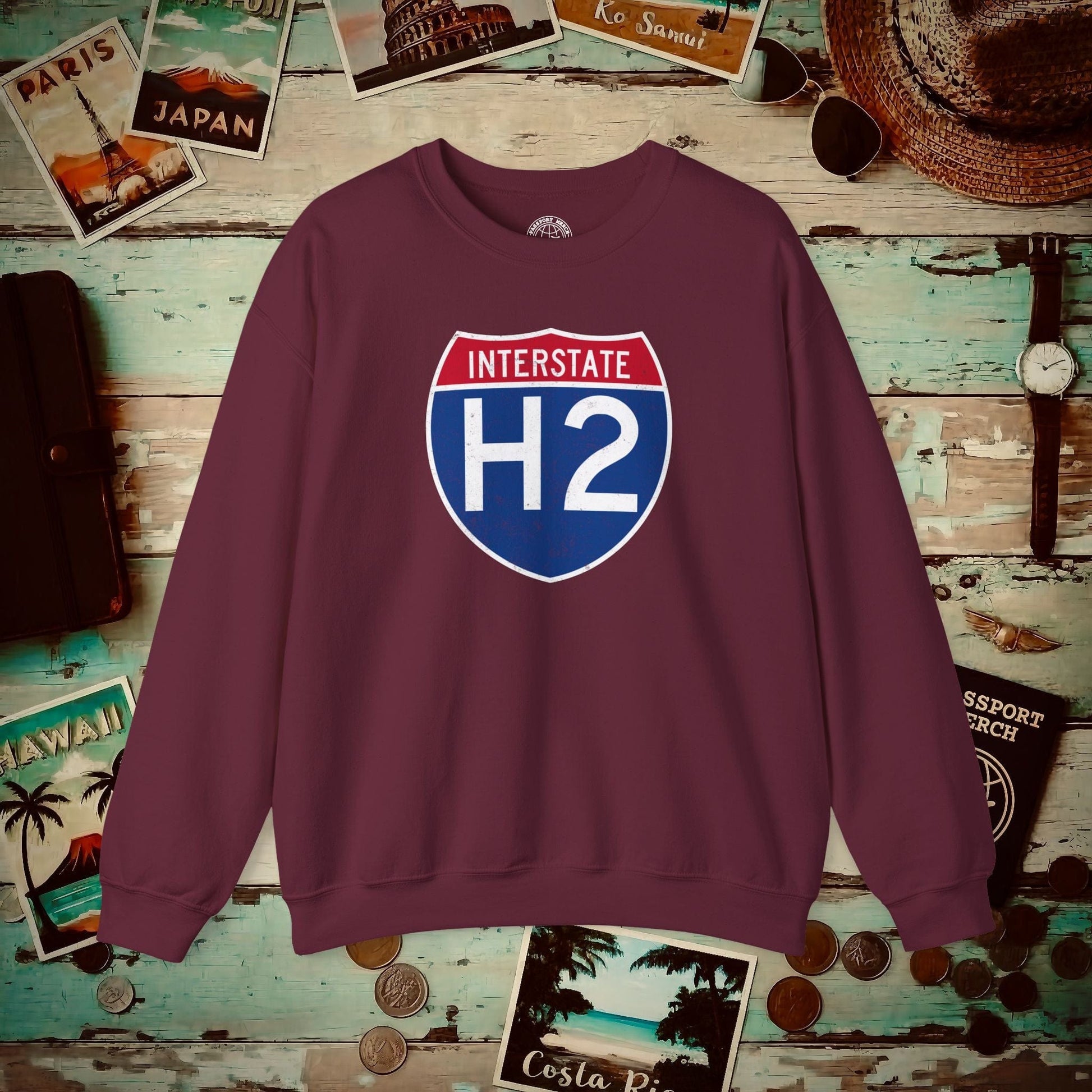 Signs of Wanderlust, Interstate H2, Hawaii Crewneck Maroon / S