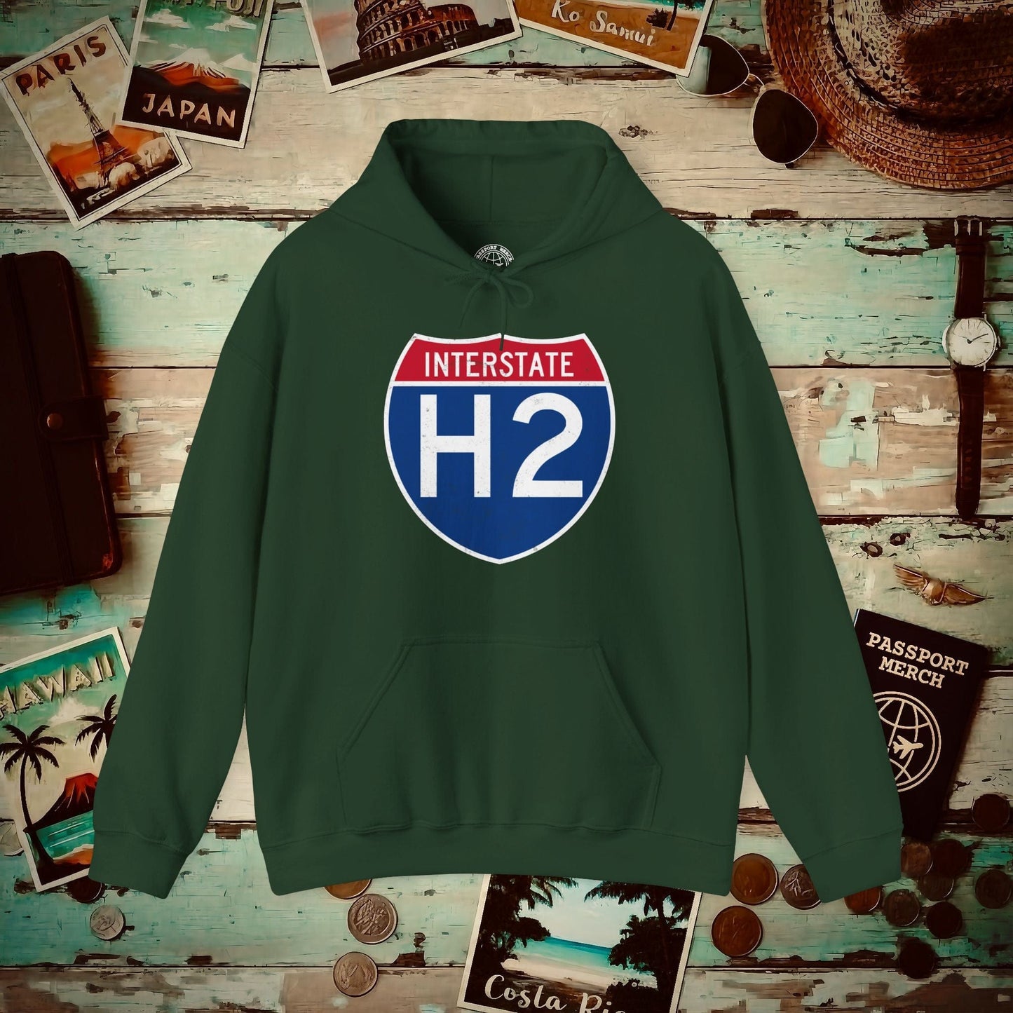 Signs of Wanderlust, Interstate H2, Hawaii Hoodie Forest Green / S