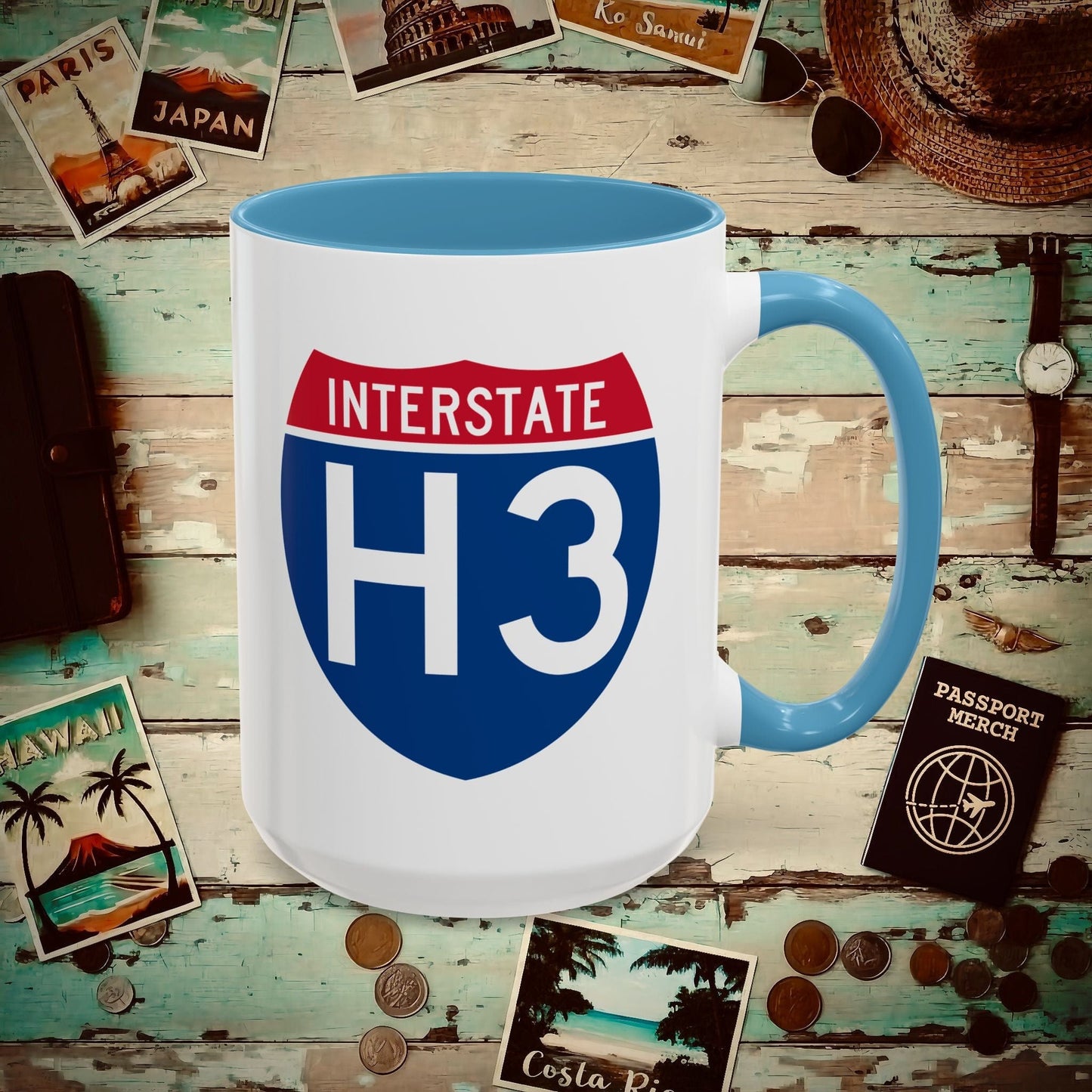 Signs of Wanderlust, Interstate H3, Hawaii 15oz Mug Light Blue / 15oz