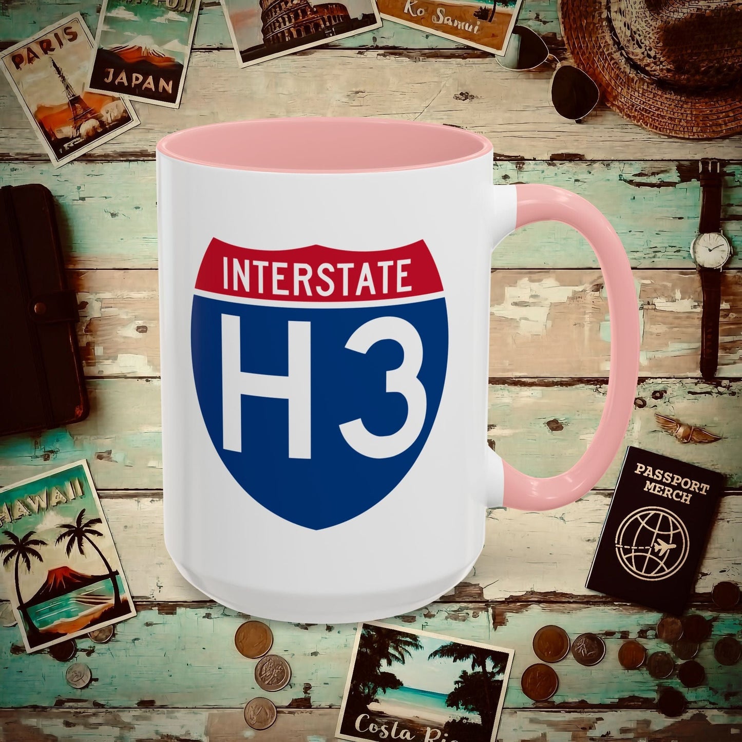 Signs of Wanderlust, Interstate H3, Hawaii 15oz Mug Pink / 15oz