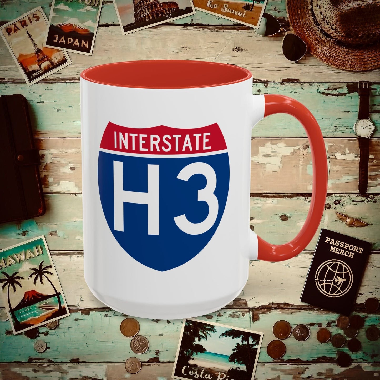 Signs of Wanderlust, Interstate H3, Hawaii 15oz Mug Red / 15oz