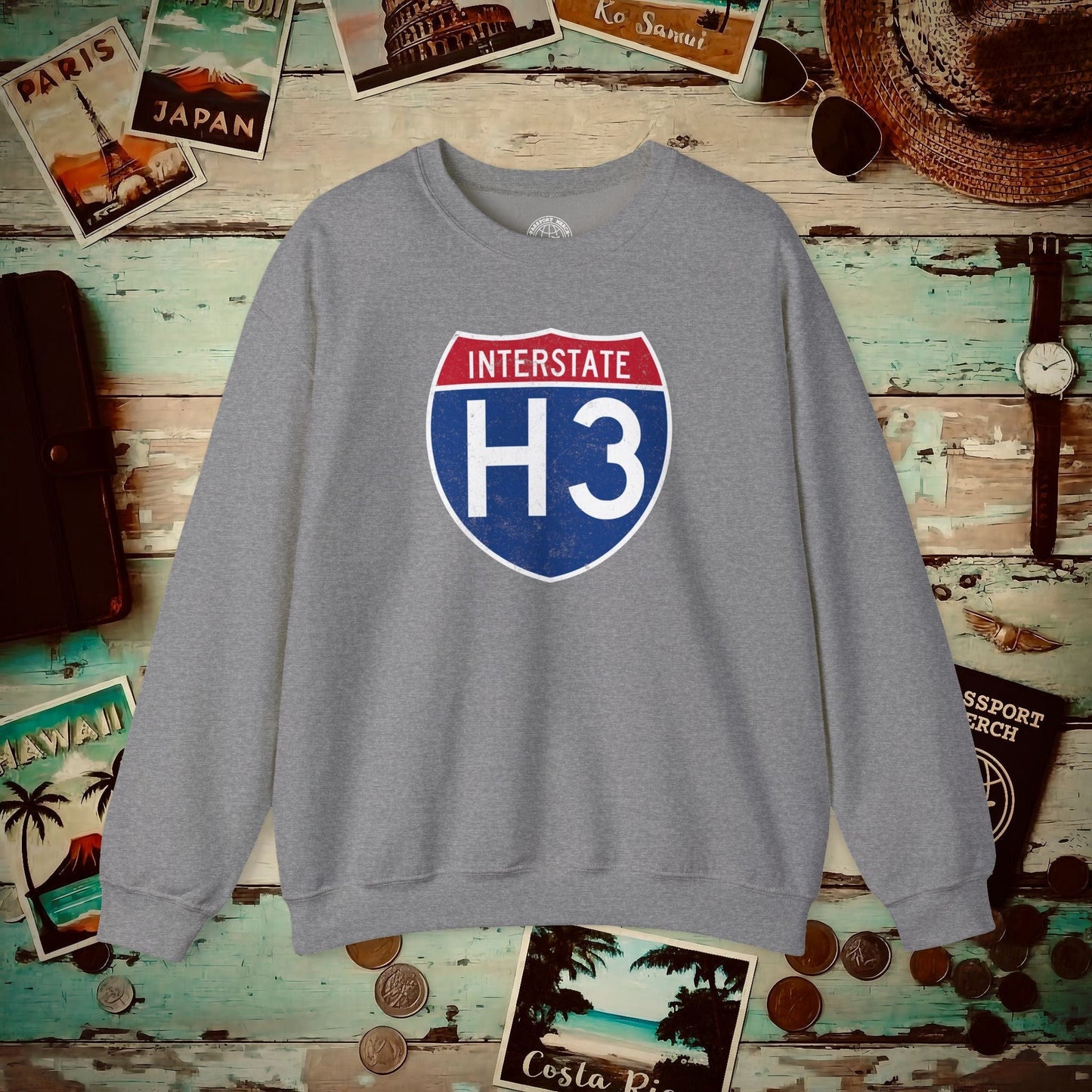 Signs of Wanderlust, Interstate H3, Hawaii Crewneck Graphite Heather / S