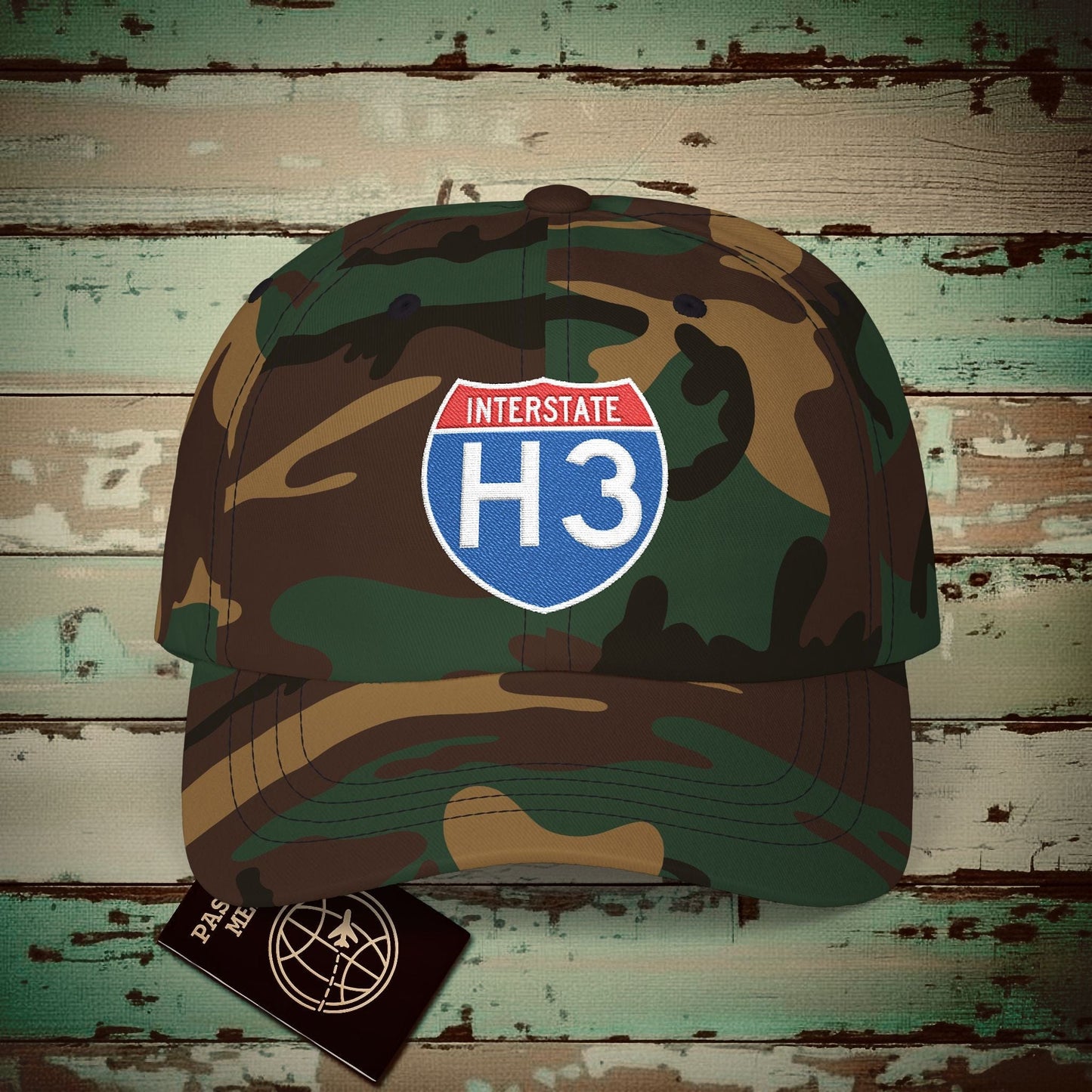 Signs of Wanderlust, Interstate H3, Hawaii Embroidered Hat Green Camo / One size
