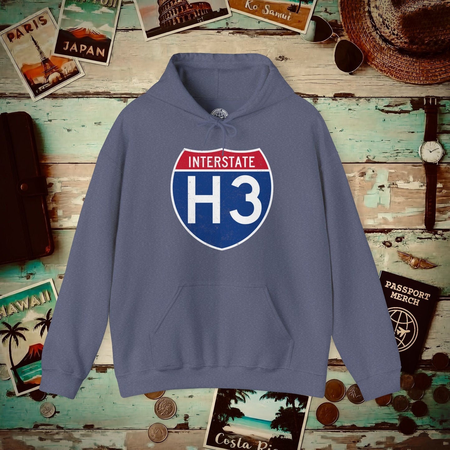 Signs of Wanderlust, Interstate H3, Hawaii Hoodie Heather Navy / S