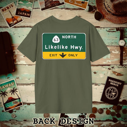 Signs of Wanderlust, Likelike Highway, Exit Only, Hawaii Back Print T-Shirt Military Green / S
