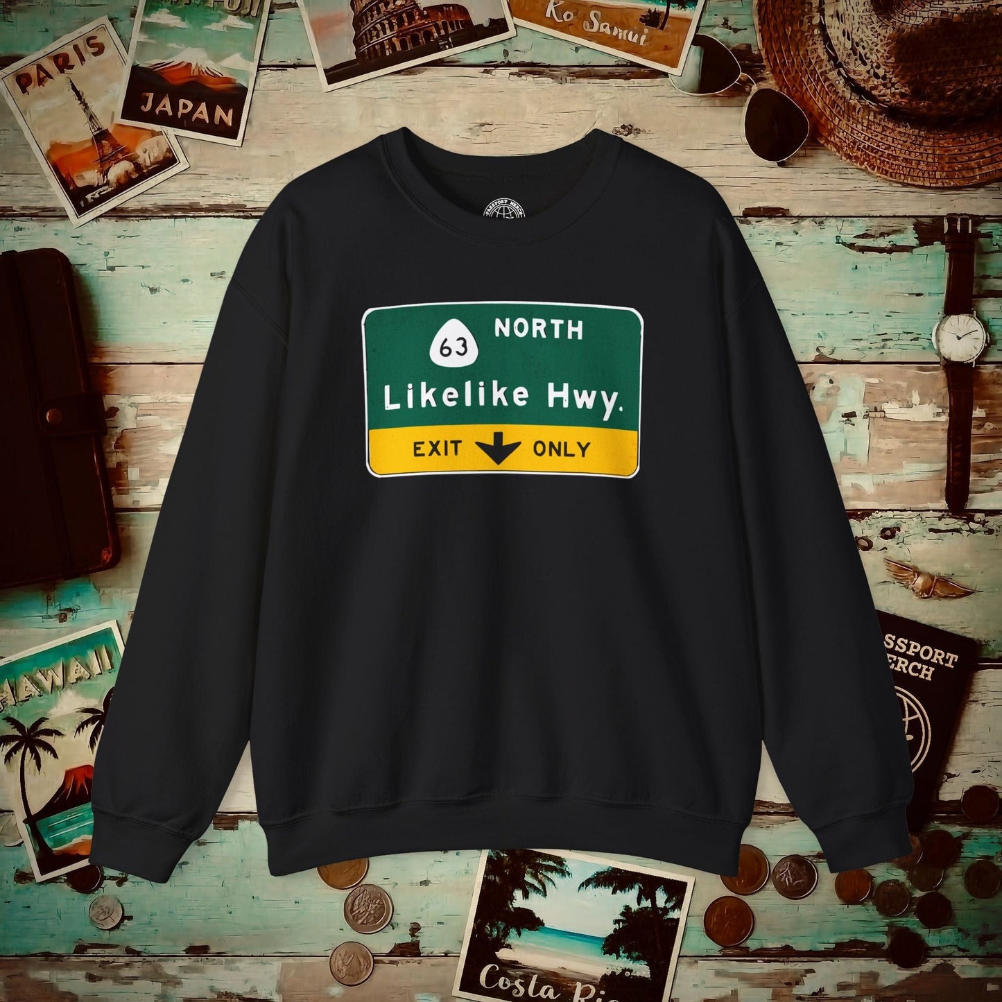 Signs of Wanderlust, Likelike Highway, Exit Only, Hawaii Crewneck Black / S
