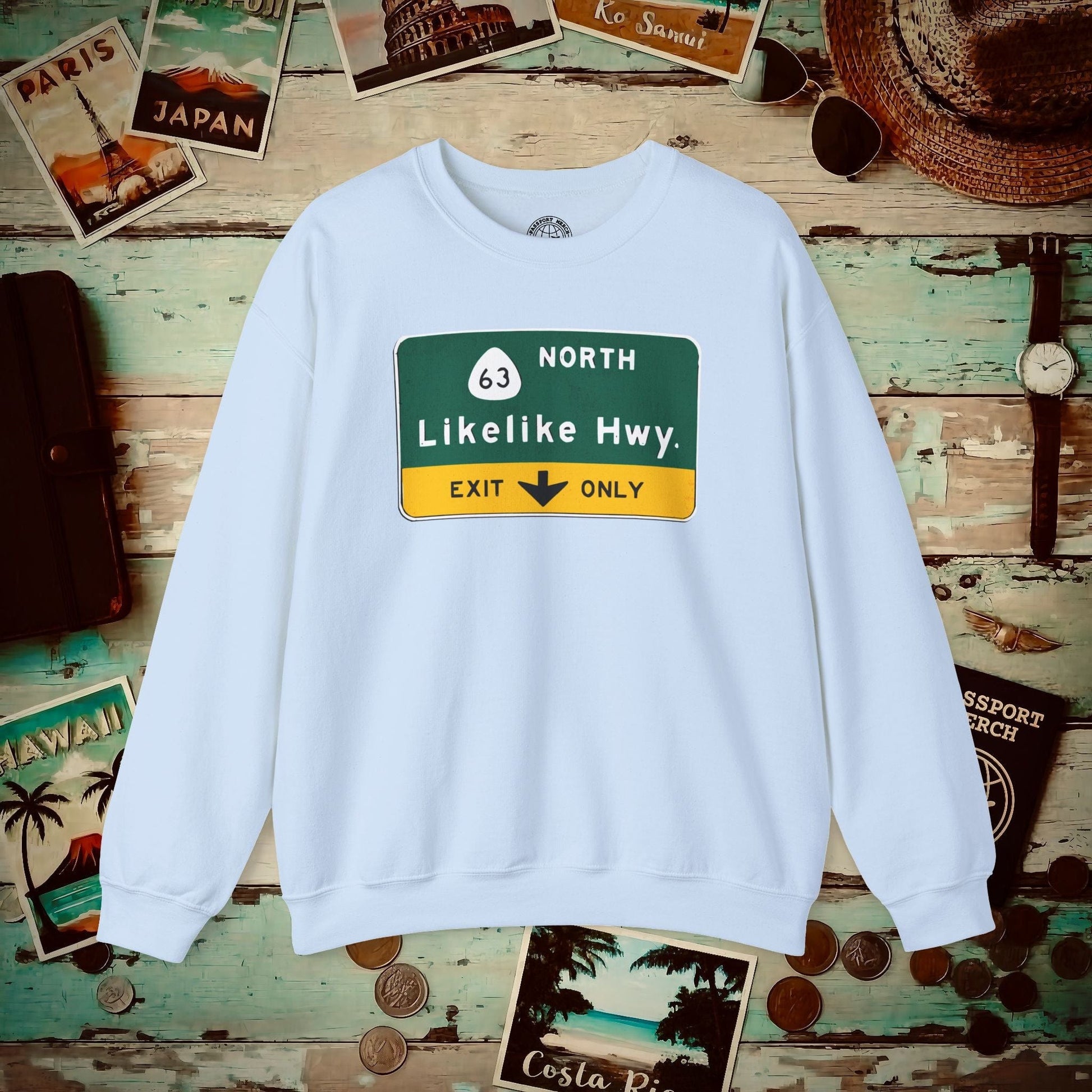 Signs of Wanderlust, Likelike Highway, Exit Only, Hawaii Crewneck Light Blue / S