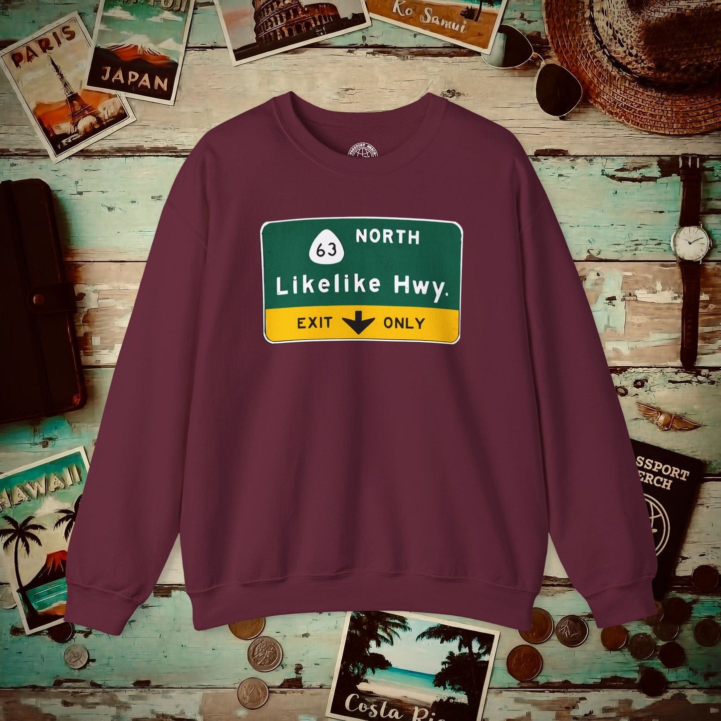 Signs of Wanderlust, Likelike Highway, Exit Only, Hawaii Crewneck Maroon / S