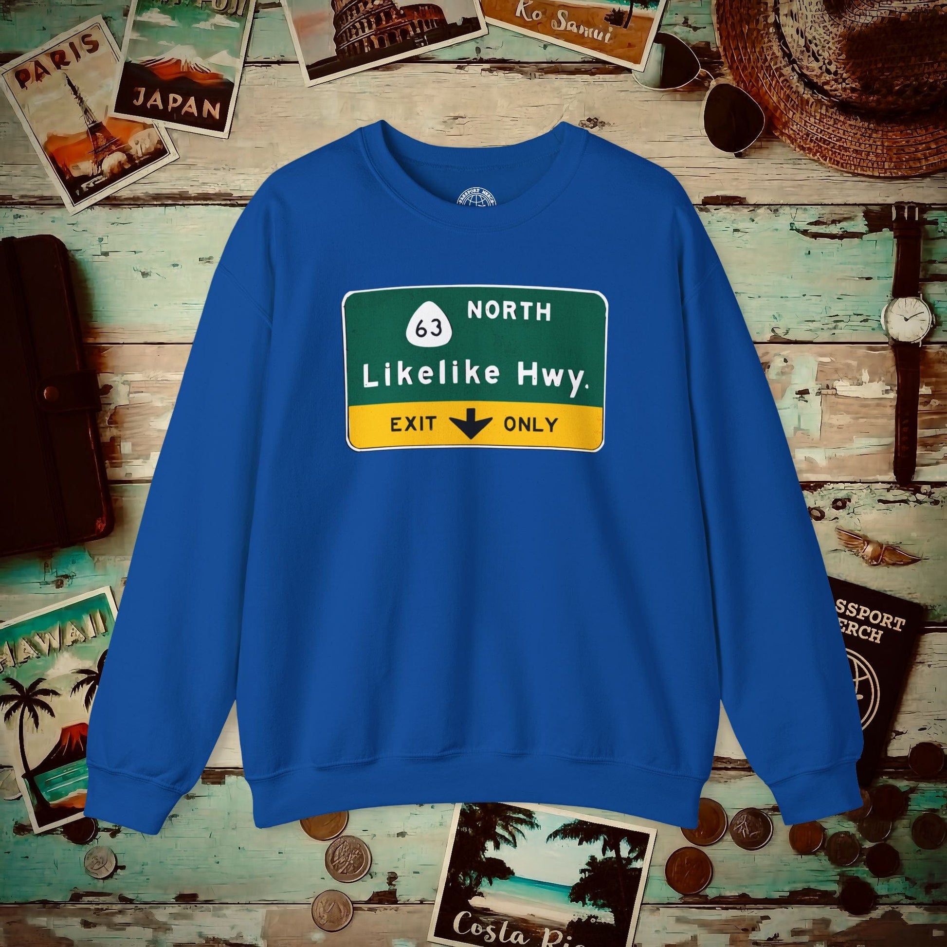 Signs of Wanderlust, Likelike Highway, Exit Only, Hawaii Crewneck Royal / S
