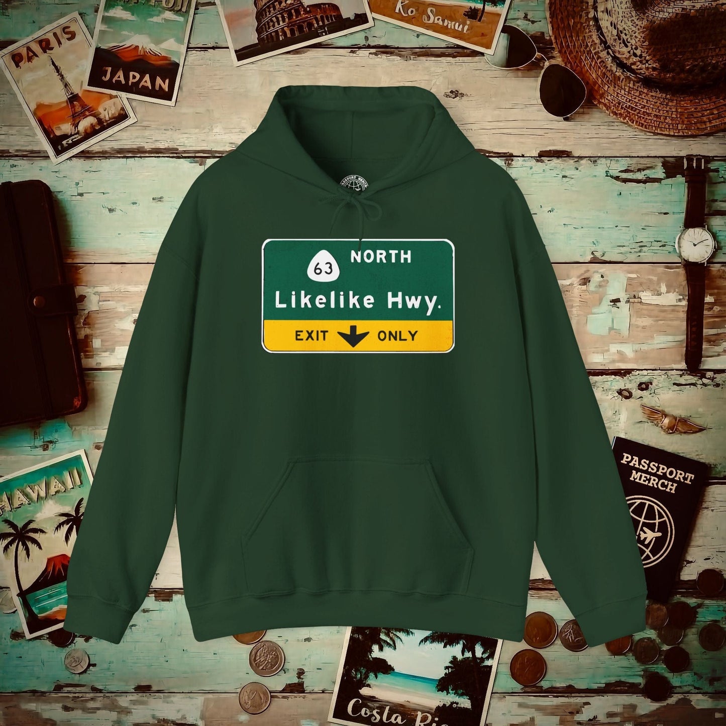 Signs of Wanderlust, Likelike Highway, Exit Only, Hawaii Hoodie Forest Green / S