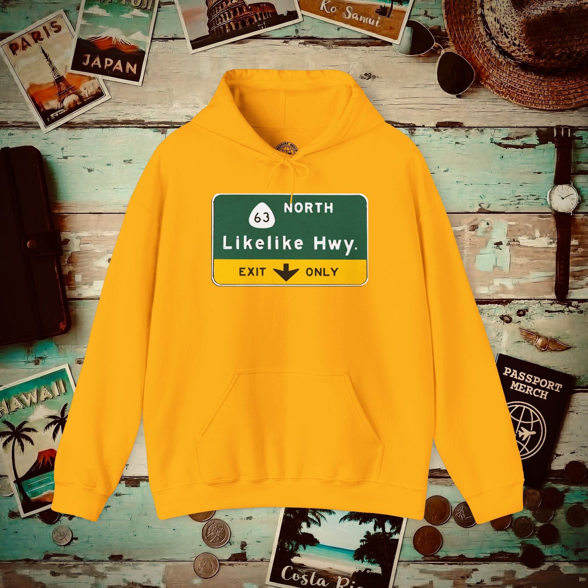 Signs of Wanderlust, Likelike Highway, Exit Only, Hawaii Hoodie Gold / S