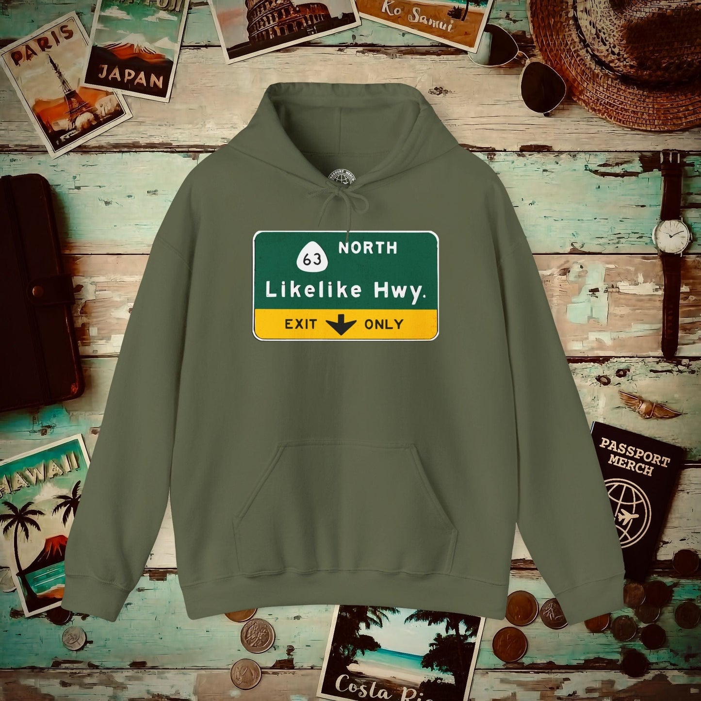 Signs of Wanderlust, Likelike Highway, Exit Only, Hawaii Hoodie Military Green / S
