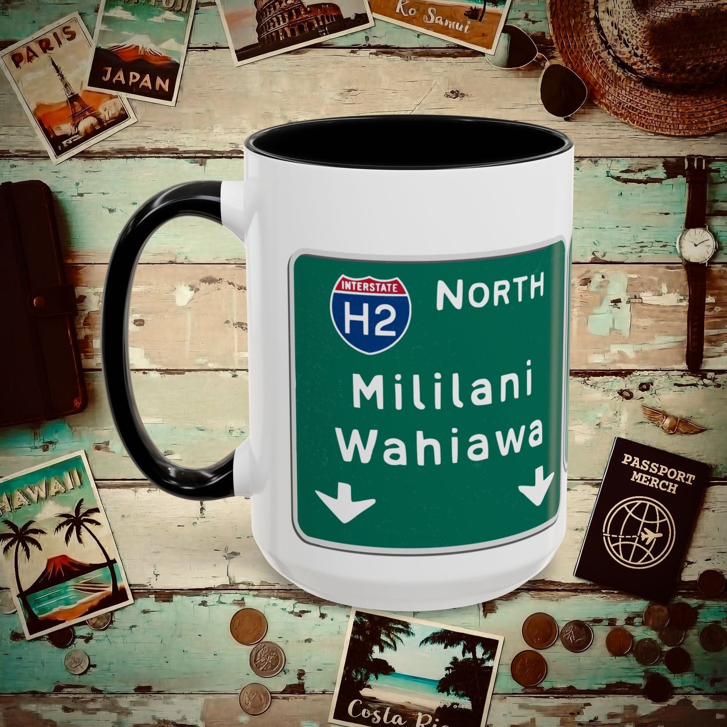 Signs of Wanderlust, Pearl City/Waimalu Exit 10, Hawaii 15oz Mug Black / 15oz