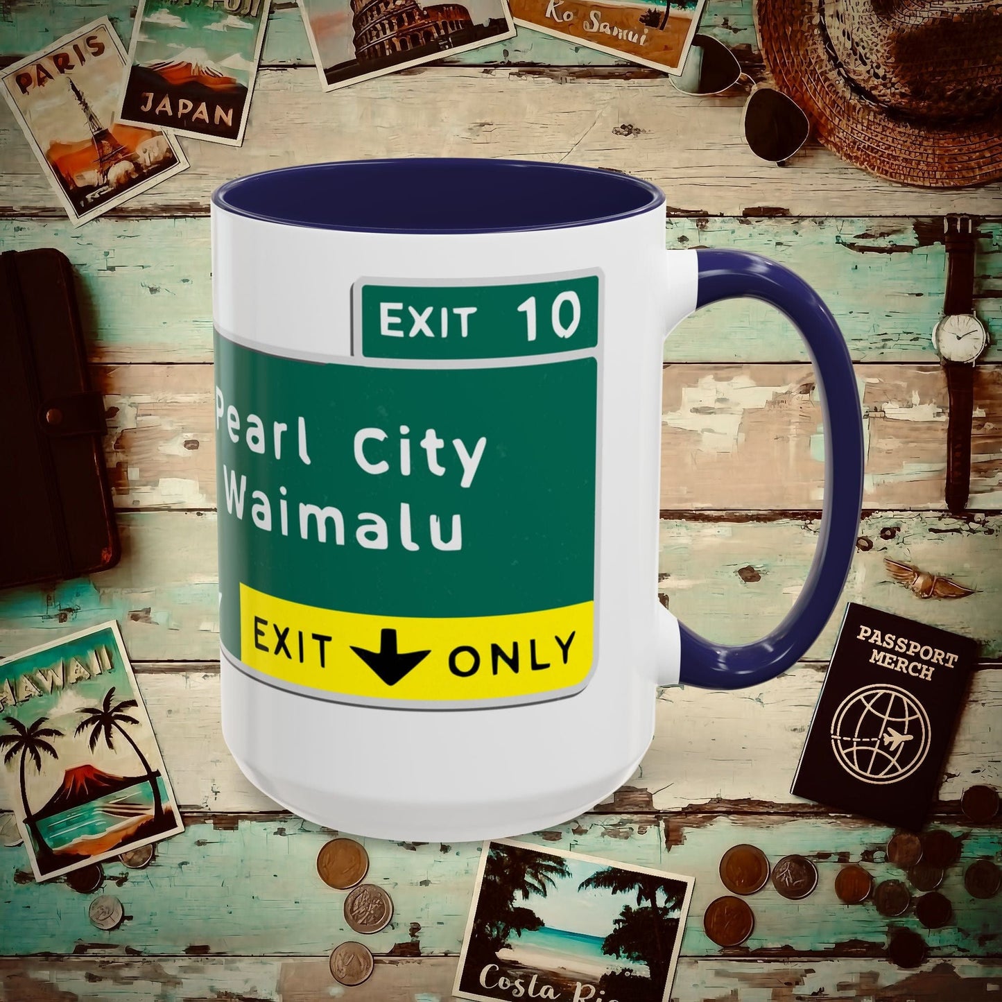 Signs of Wanderlust, Pearl City/Waimalu Exit 10, Hawaii 15oz Mug Navy / 15oz