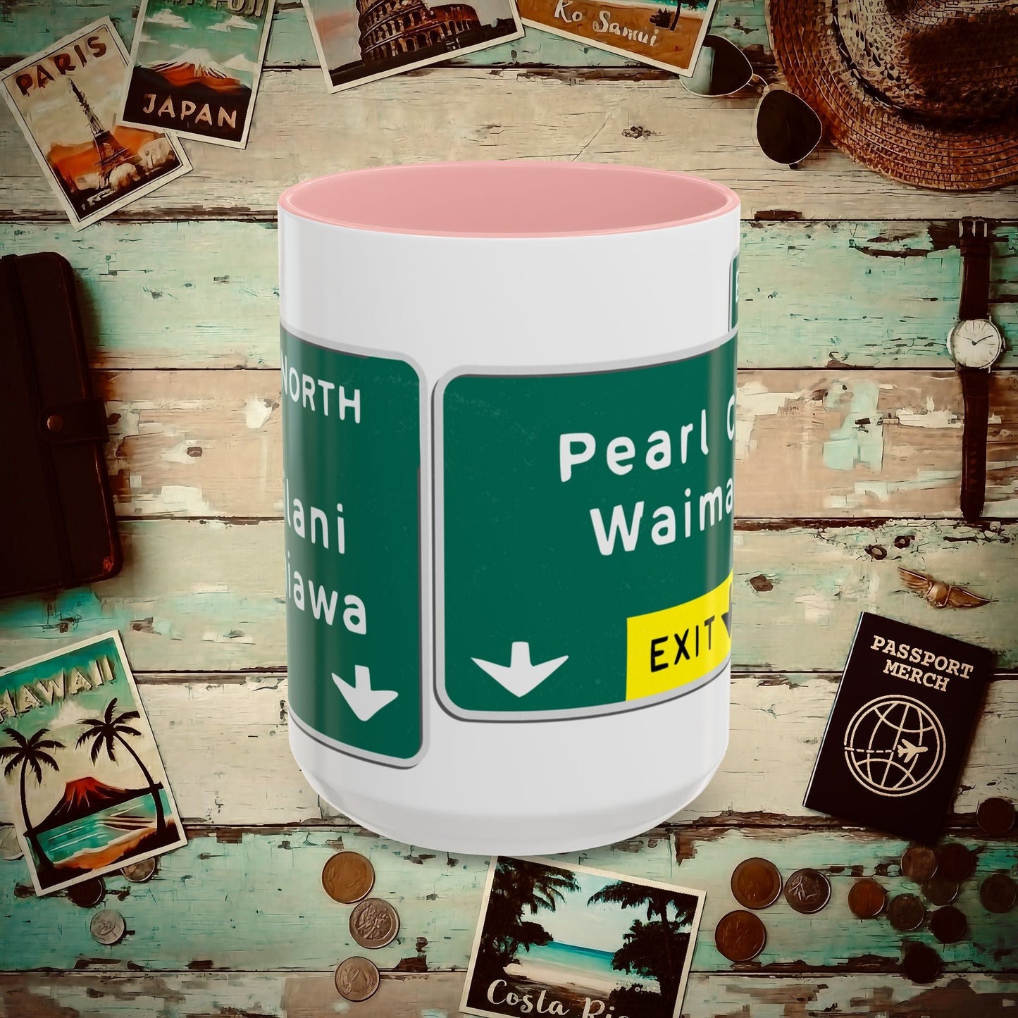 Signs of Wanderlust, Pearl City/Waimalu Exit 10, Hawaii 15oz Mug Pink / 15oz
