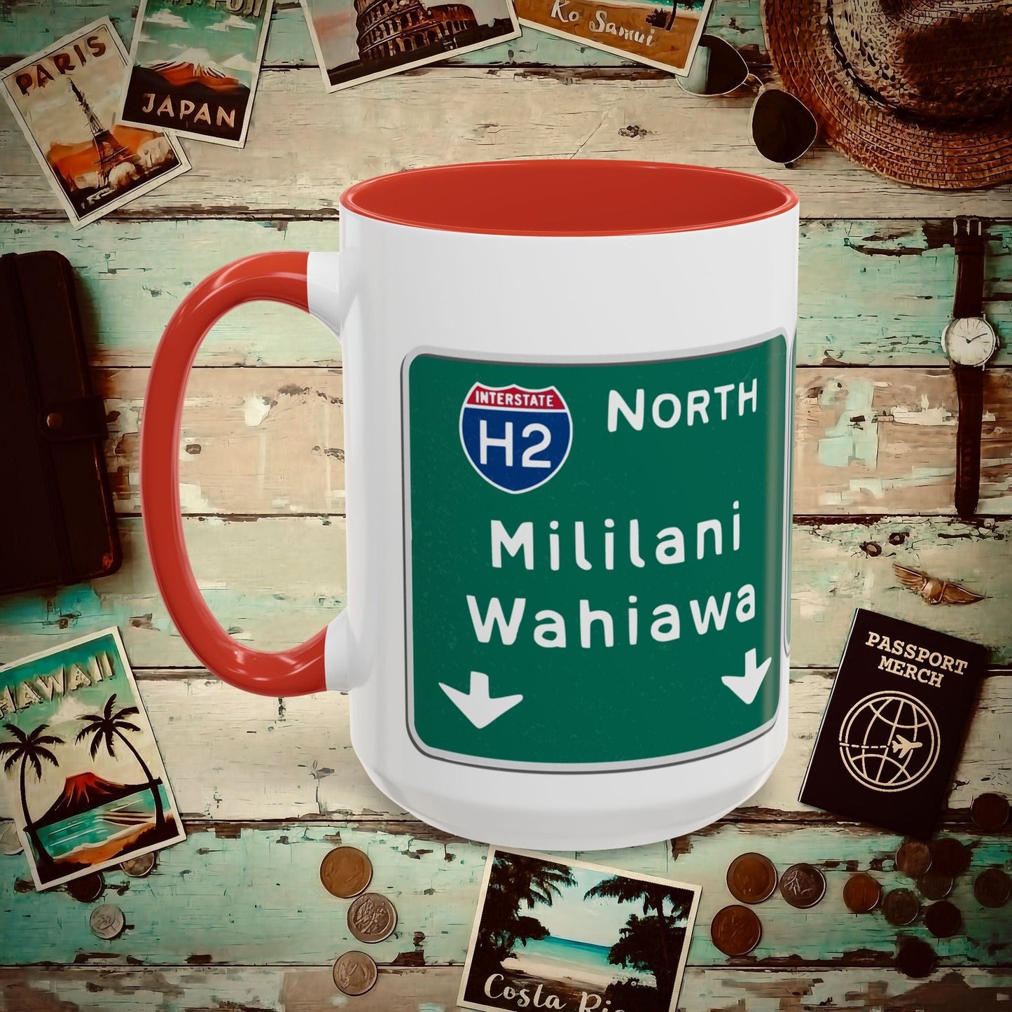 Signs of Wanderlust, Pearl City/Waimalu Exit 10, Hawaii 15oz Mug Red / 15oz
