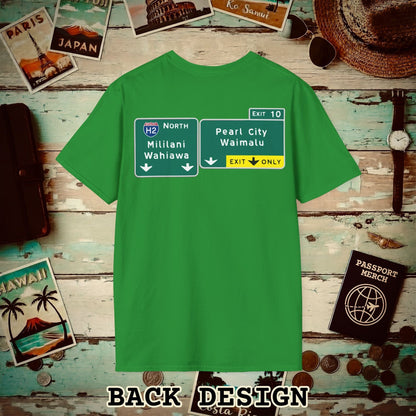 Signs of Wanderlust, Pearl City/Waimalu Exit 10, Hawaii Back Print T-Shirt Irish Green / S