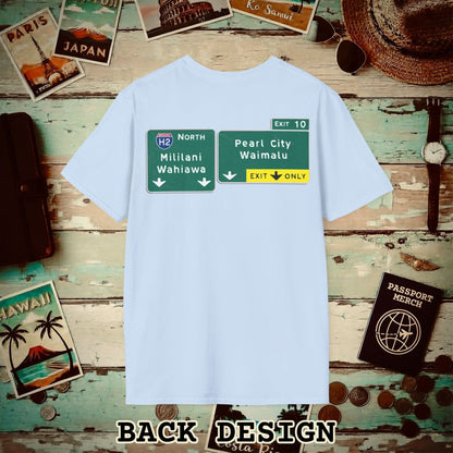 Signs of Wanderlust, Pearl City/Waimalu Exit 10, Hawaii Back Print T-Shirt Light Blue / S
