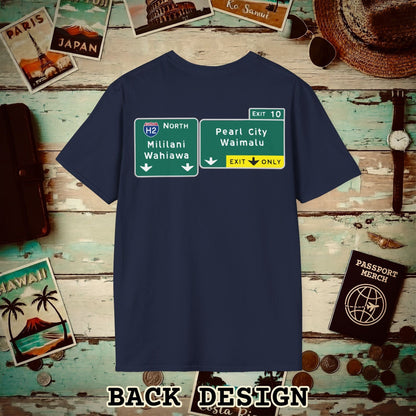 Signs of Wanderlust, Pearl City/Waimalu Exit 10, Hawaii Back Print T-Shirt Navy / S
