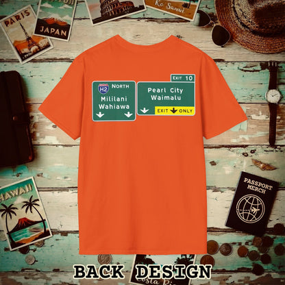 Signs of Wanderlust, Pearl City/Waimalu Exit 10, Hawaii Back Print T-Shirt Orange / S