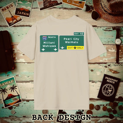 Signs of Wanderlust, Pearl City/Waimalu Exit 10, Hawaii Back Print T-Shirt Sand / S