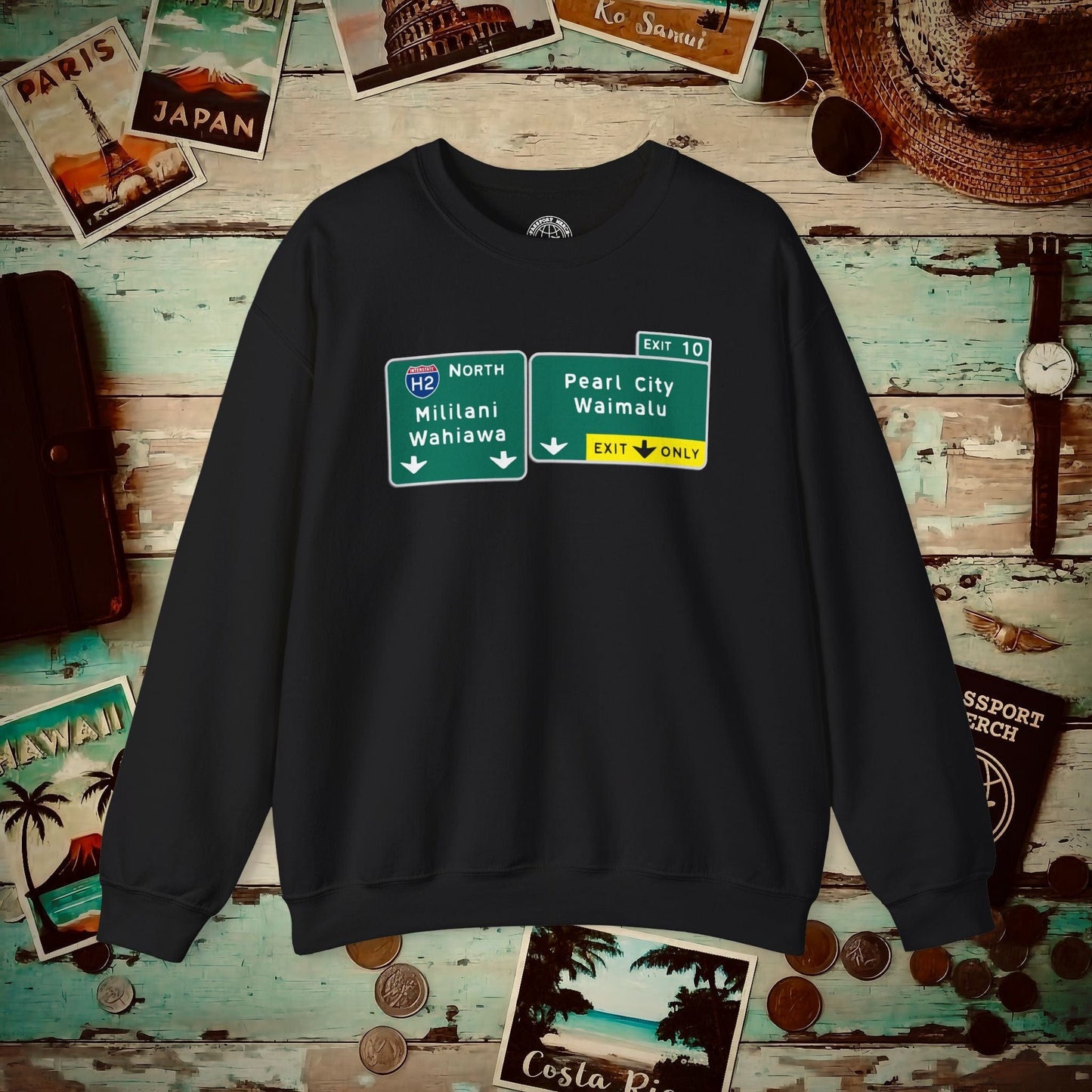 Signs of Wanderlust, Pearl City/Waimalu Exit 10, Hawaii Crewneck Black / S