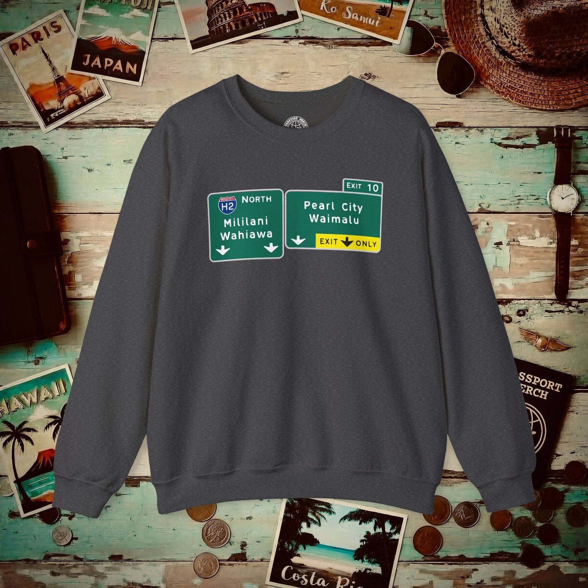 Signs of Wanderlust, Pearl City/Waimalu Exit 10, Hawaii Crewneck Dark Heather / S