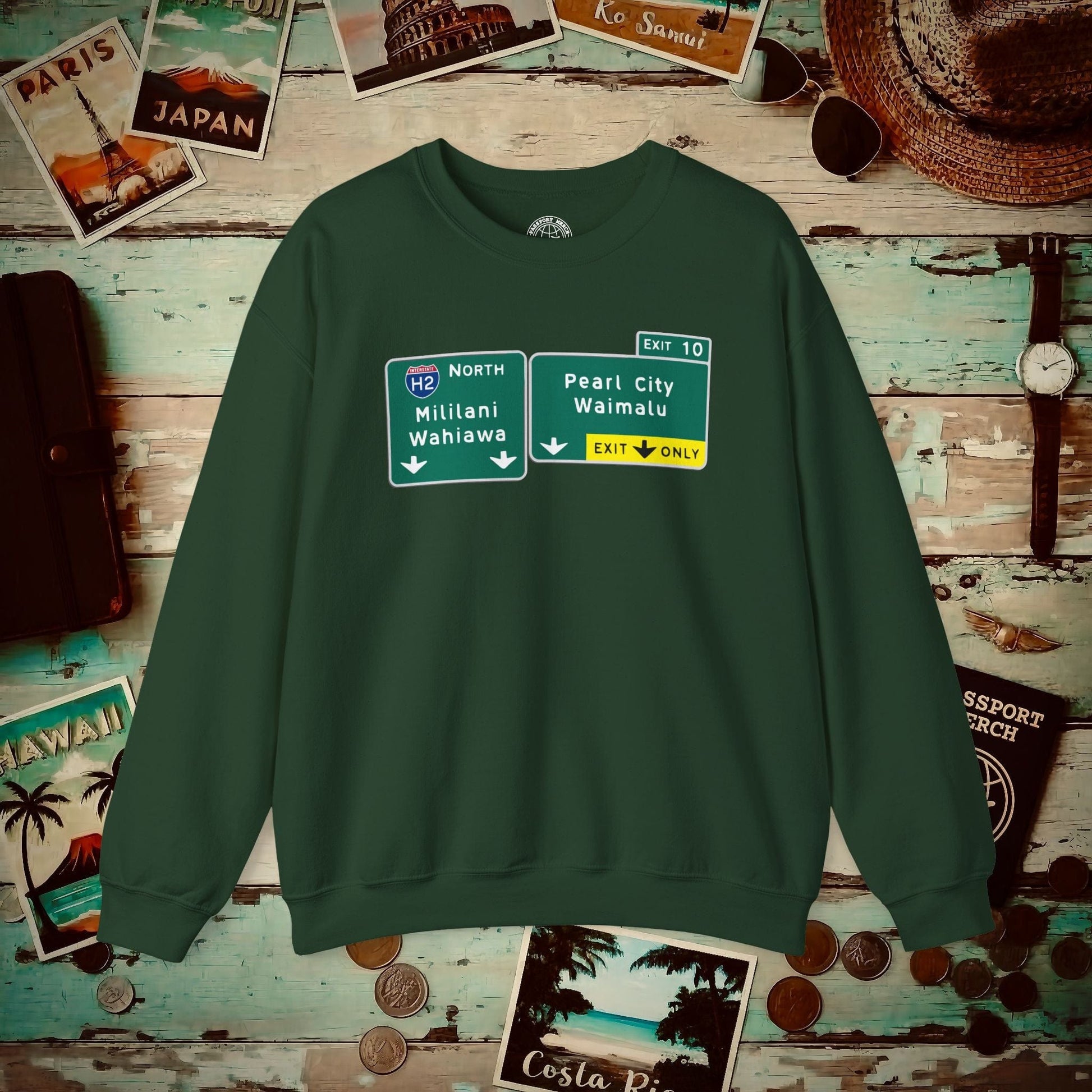 Signs of Wanderlust, Pearl City/Waimalu Exit 10, Hawaii Crewneck Forest Green / S