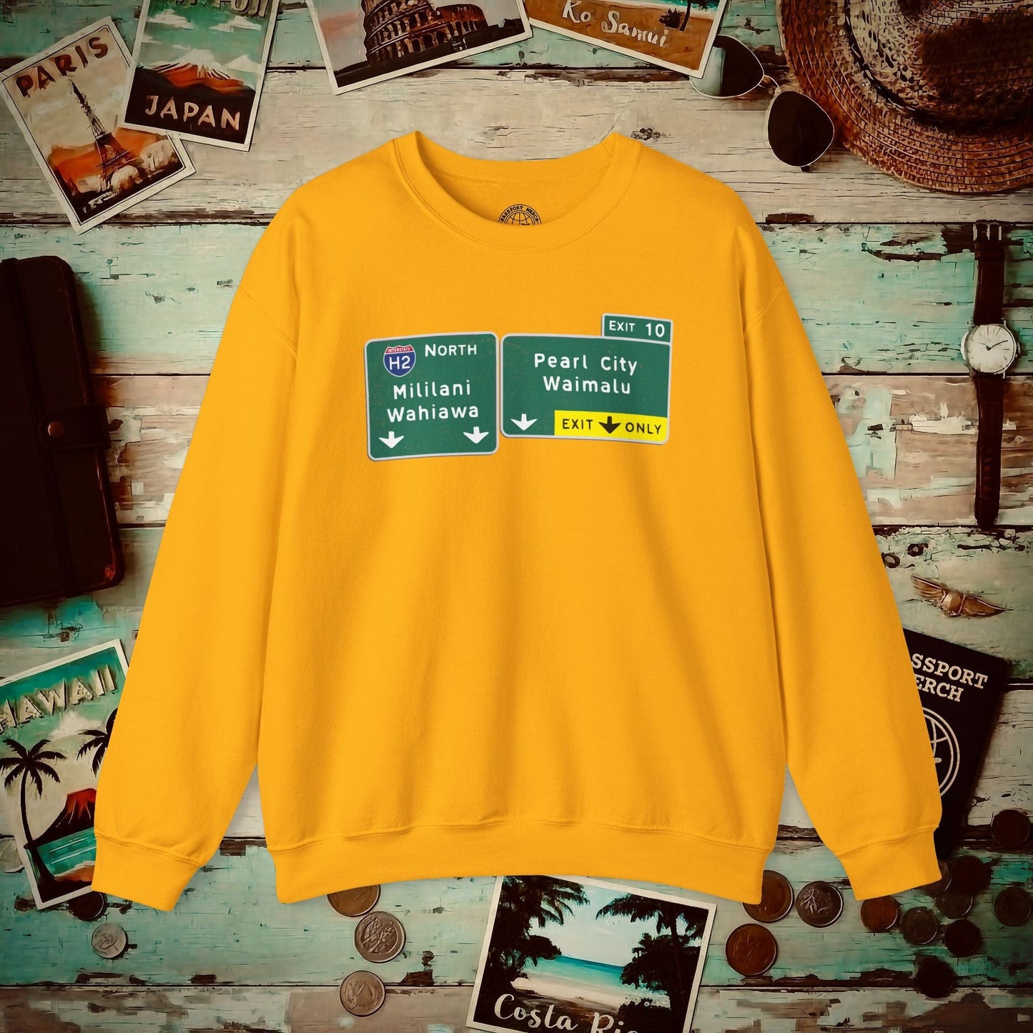 Signs of Wanderlust, Pearl City/Waimalu Exit 10, Hawaii Crewneck Gold / S