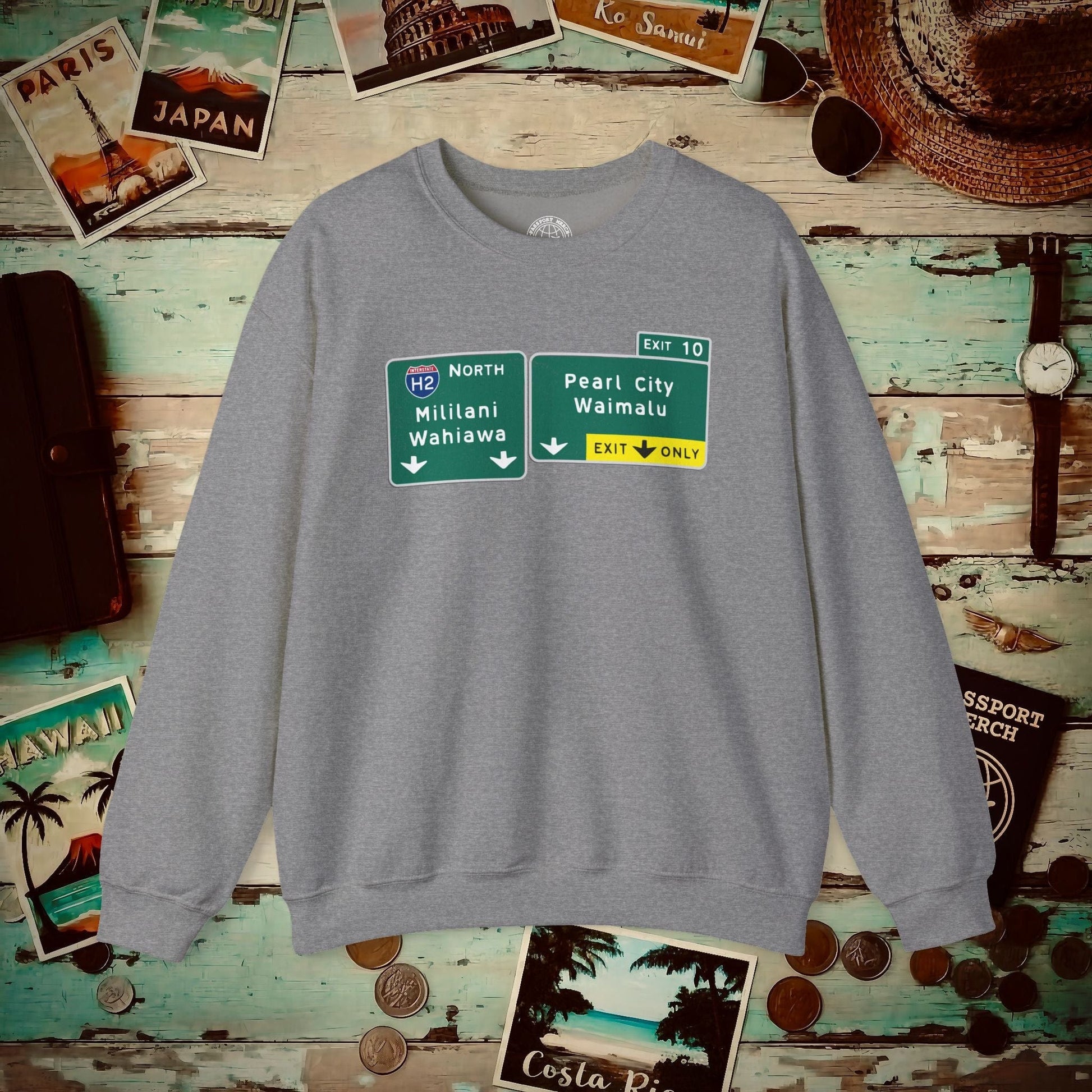 Signs of Wanderlust, Pearl City/Waimalu Exit 10, Hawaii Crewneck Graphite Heather / S