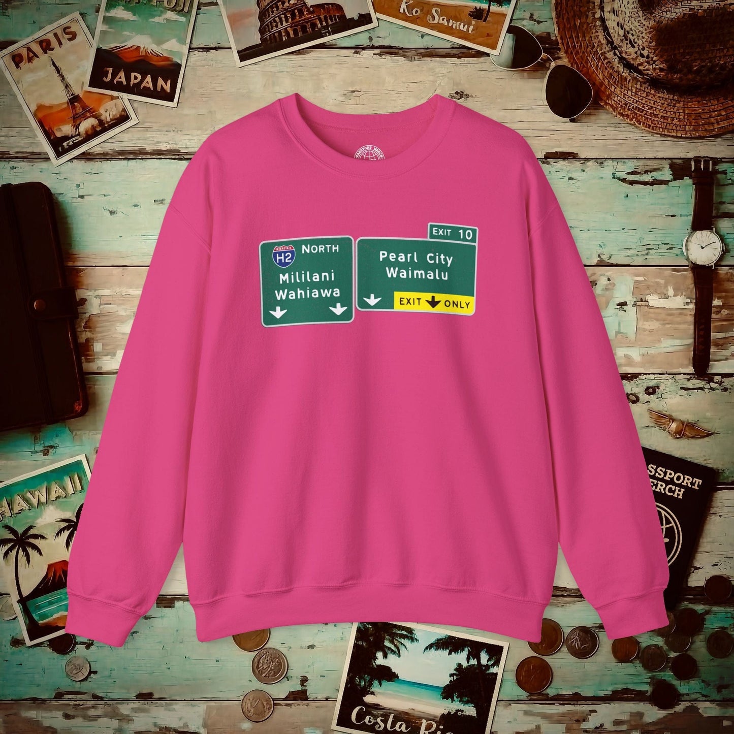 Signs of Wanderlust, Pearl City/Waimalu Exit 10, Hawaii Crewneck Heliconia / S