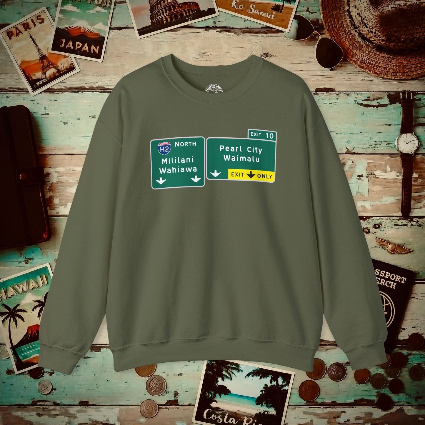 Signs of Wanderlust, Pearl City/Waimalu Exit 10, Hawaii Crewneck Military Green / S