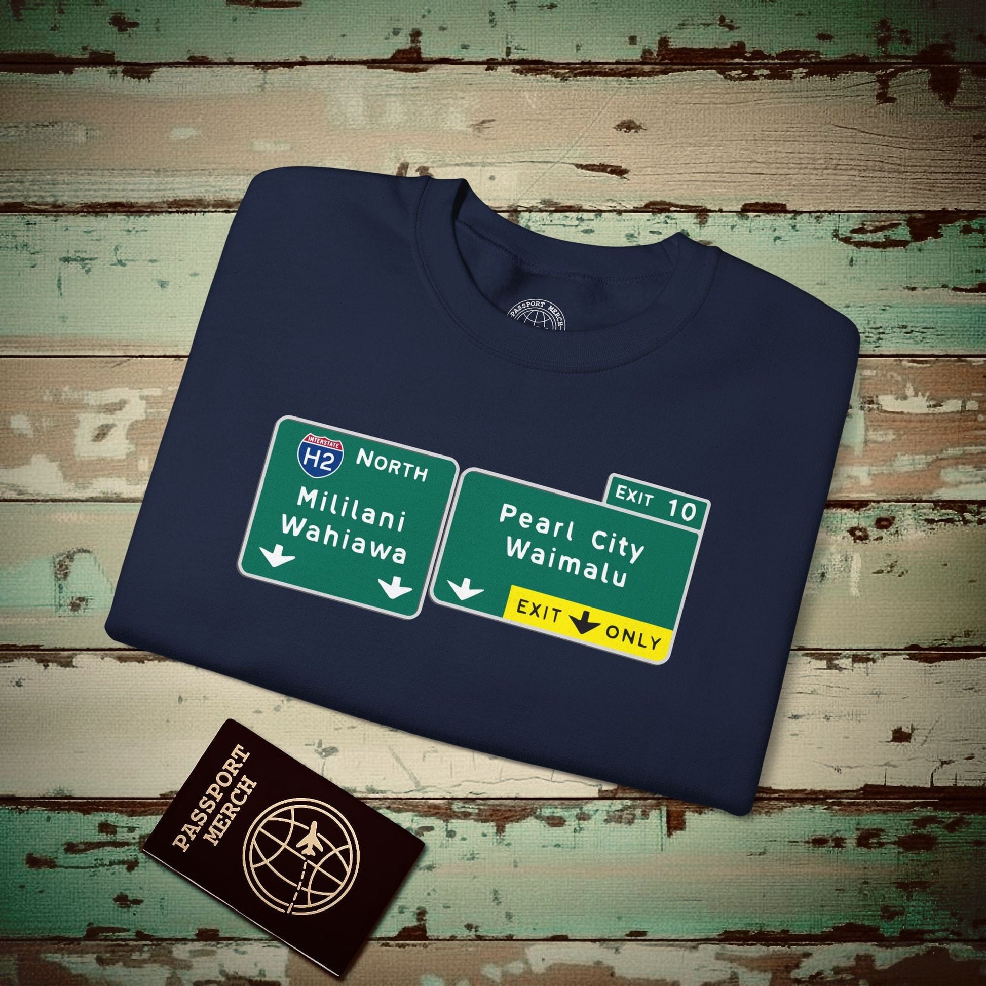 Signs of Wanderlust, Pearl City/Waimalu Exit 10, Hawaii Crewneck Navy / S