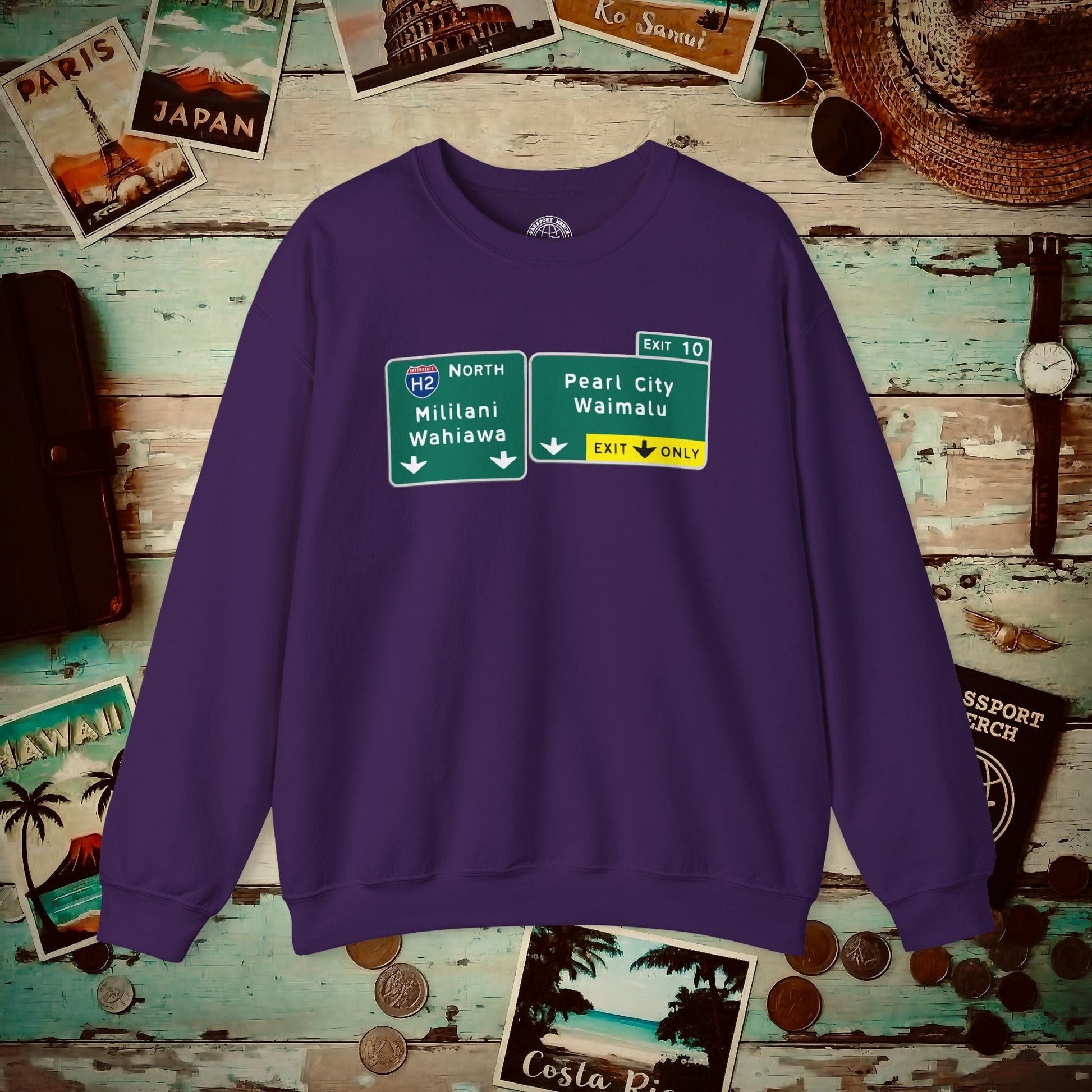 Signs of Wanderlust, Pearl City/Waimalu Exit 10, Hawaii Crewneck Purple / S