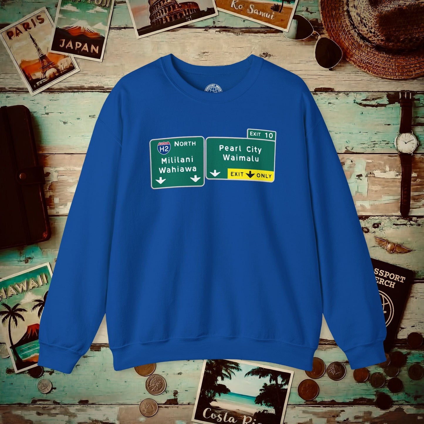 Signs of Wanderlust, Pearl City/Waimalu Exit 10, Hawaii Crewneck Royal / S