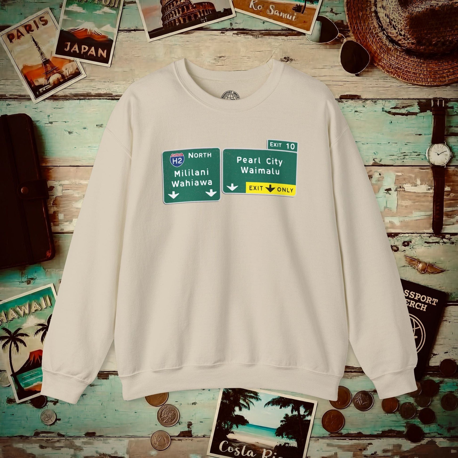 Signs of Wanderlust, Pearl City/Waimalu Exit 10, Hawaii Crewneck Sand / S