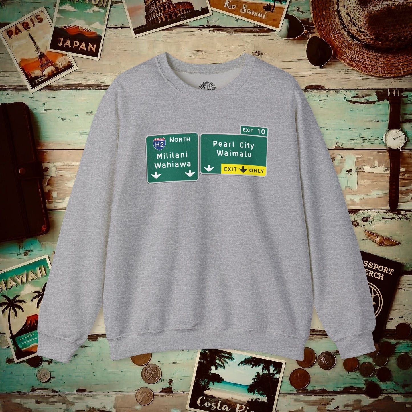 Signs of Wanderlust, Pearl City/Waimalu Exit 10, Hawaii Crewneck Sport Grey / S