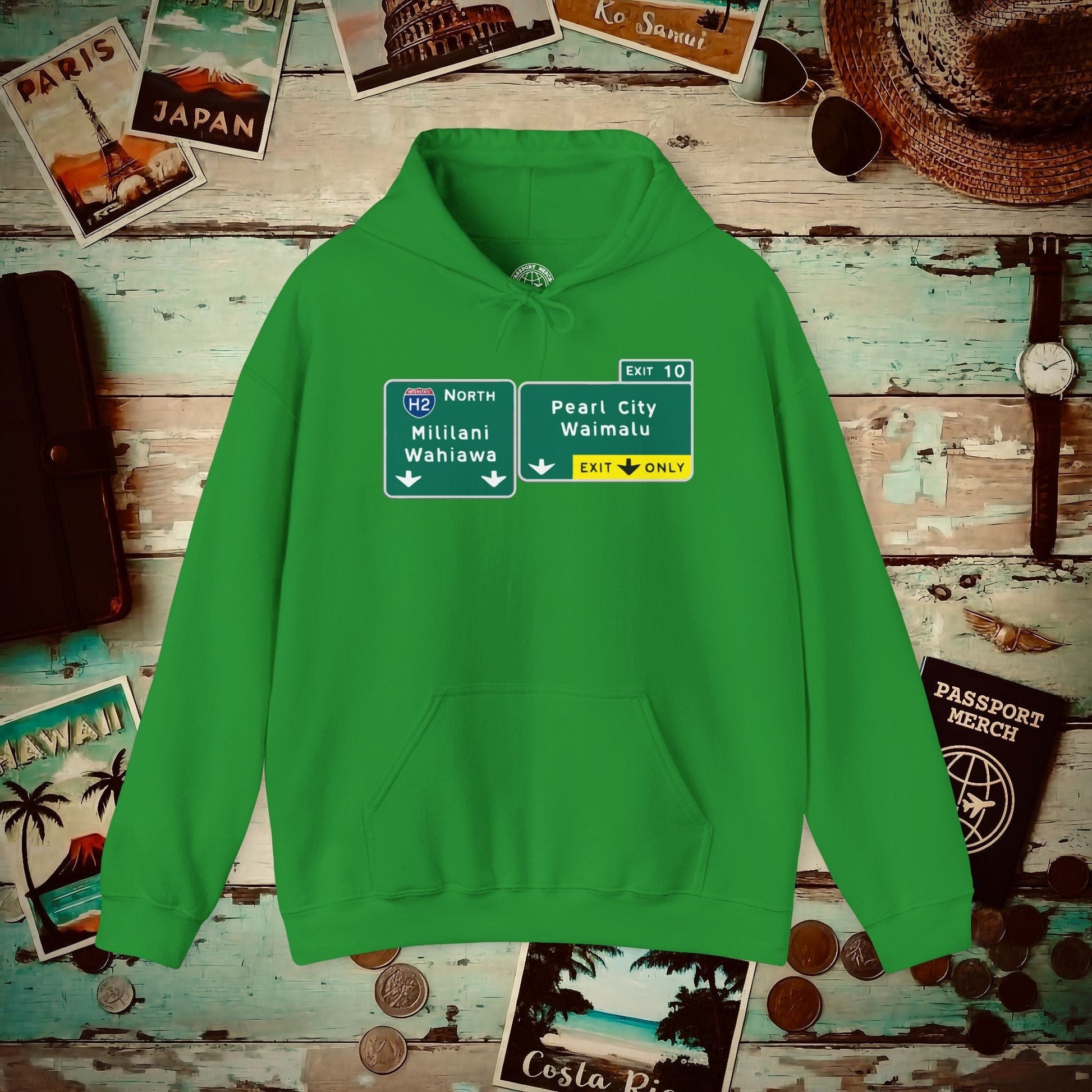 Signs of Wanderlust, Pearl City/Waimalu Exit 10, Hawaii Hoodie Irish Green / S