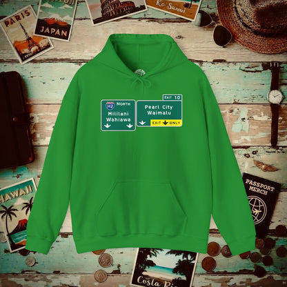 Signs of Wanderlust, Pearl City/Waimalu Exit 10, Hawaii Hoodie Irish Green / S