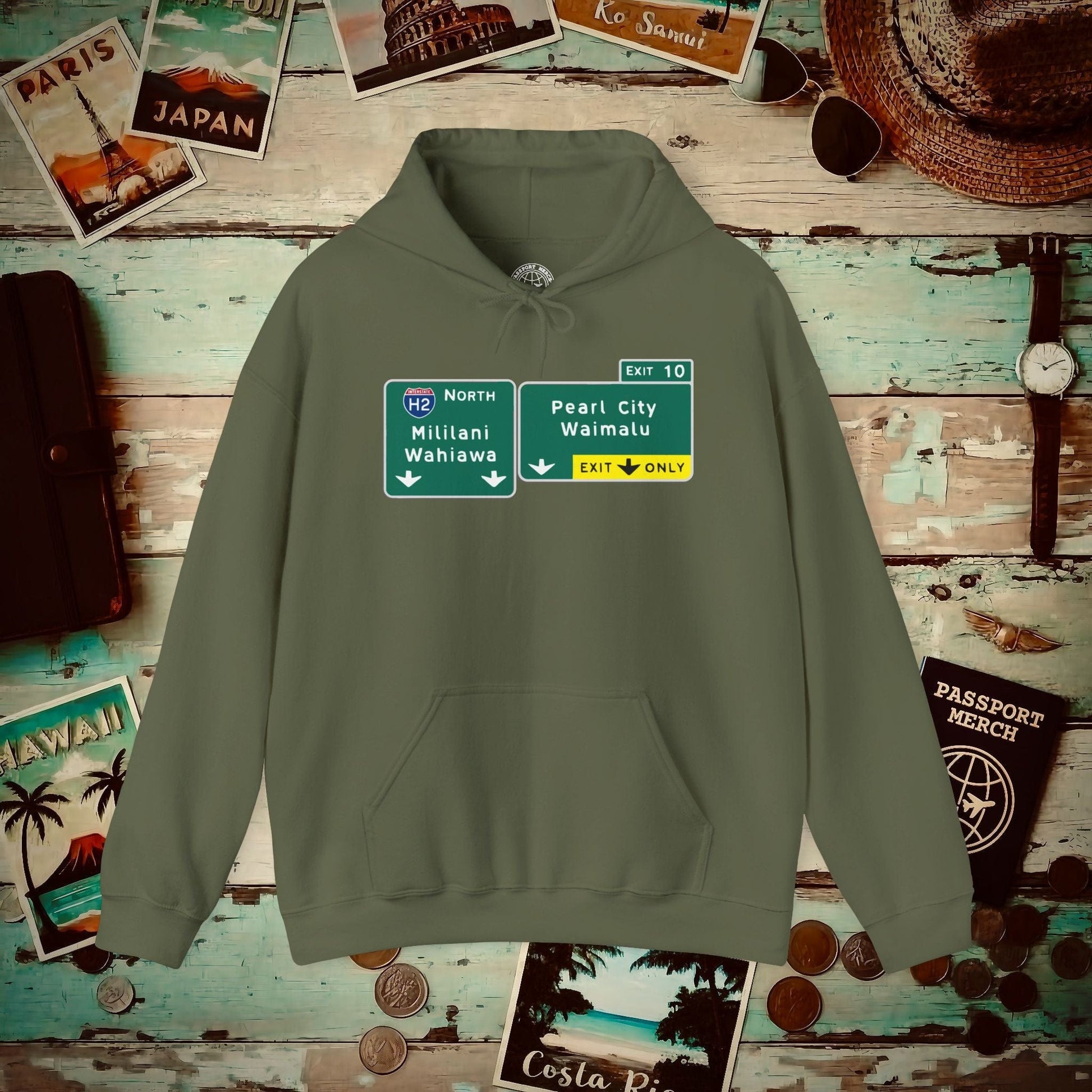 Signs of Wanderlust, Pearl City/Waimalu Exit 10, Hawaii Hoodie Military Green / S