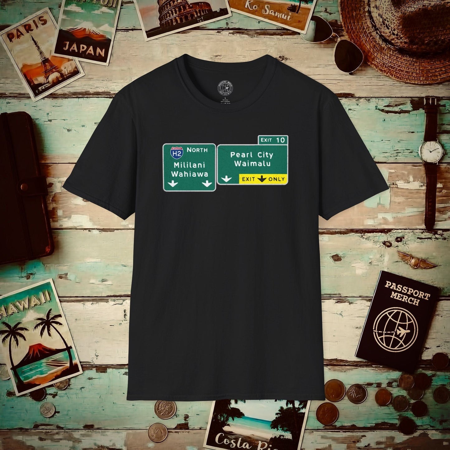 Signs of Wanderlust, Pearl City/Waimalu Exit 10, Hawaii T-Shirt Black / S