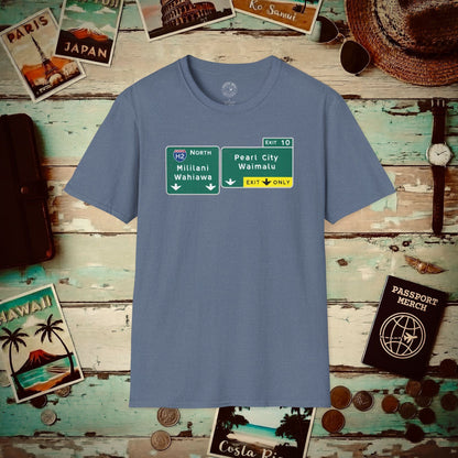 Signs of Wanderlust, Pearl City/Waimalu Exit 10, Hawaii T-Shirt Heather Indigo / S