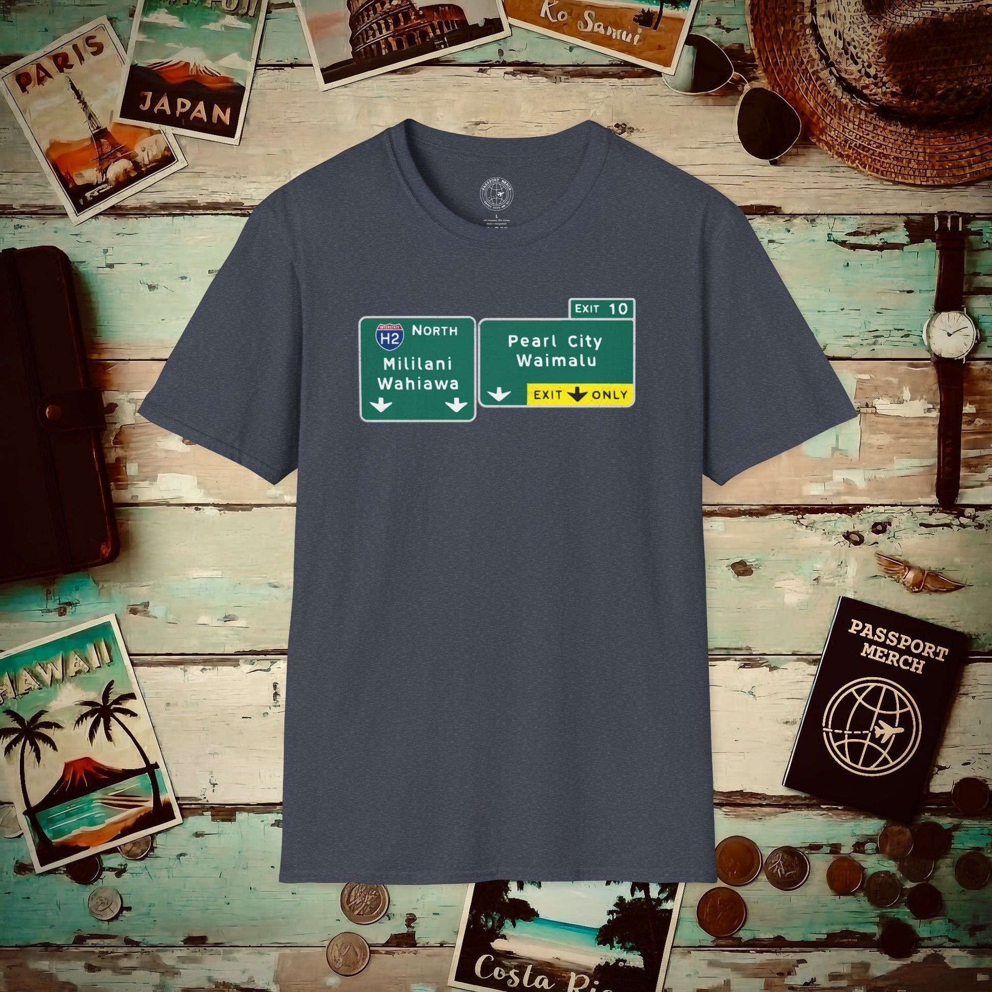 Signs of Wanderlust, Pearl City/Waimalu Exit 10, Hawaii T-Shirt Heather Navy / S