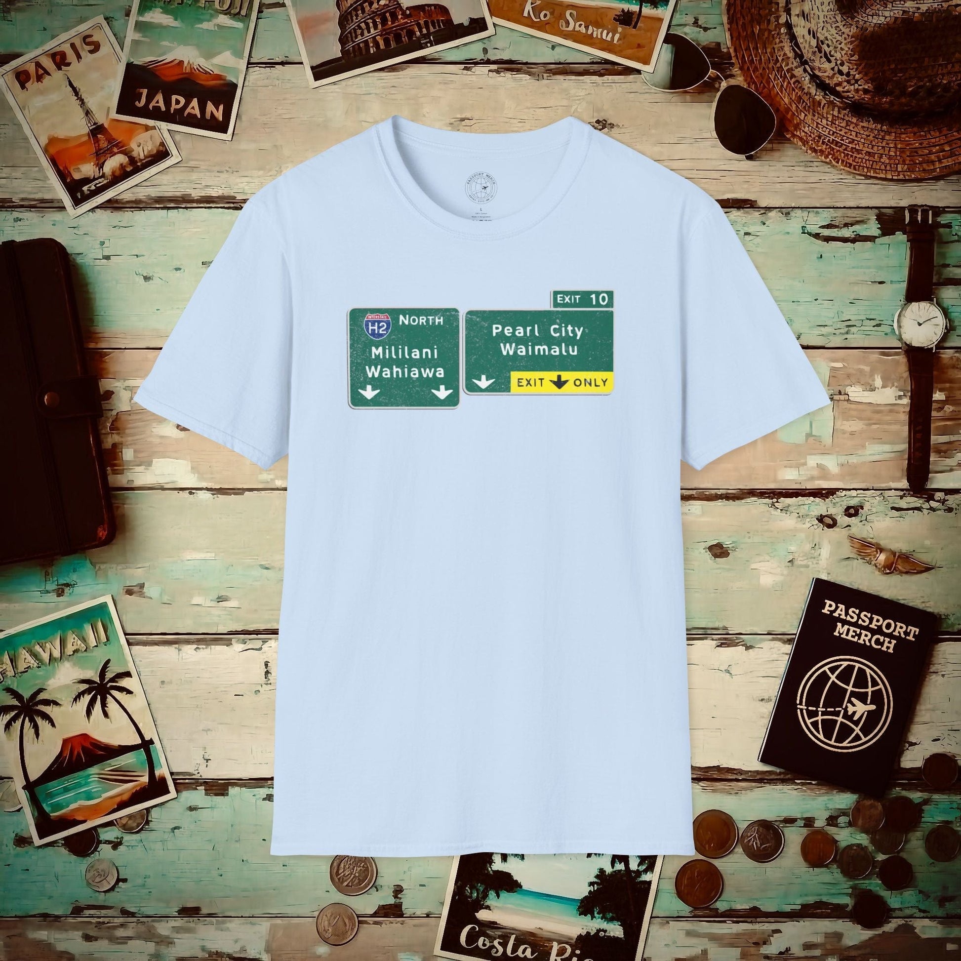 Signs of Wanderlust, Pearl City/Waimalu Exit 10, Hawaii T-Shirt Light Blue / S