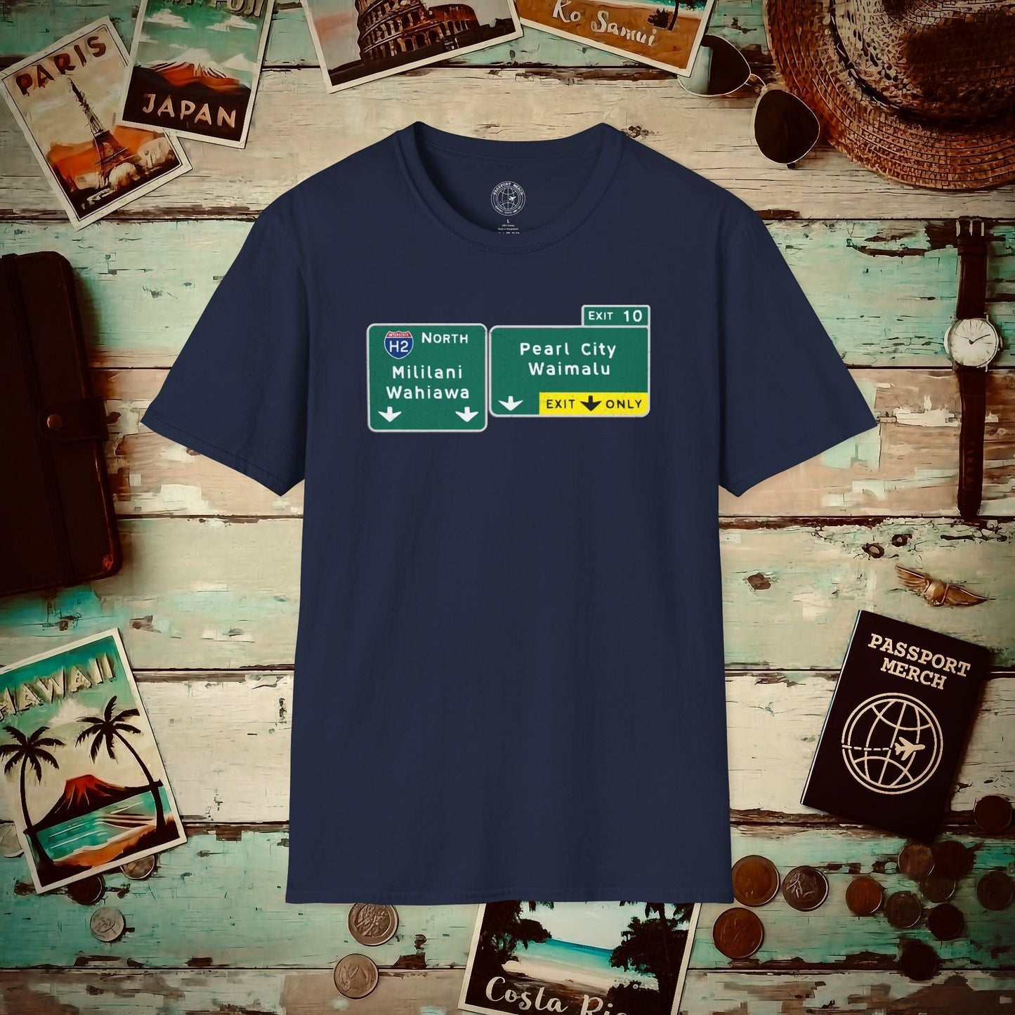 Signs of Wanderlust, Pearl City/Waimalu Exit 10, Hawaii T-Shirt Navy / S