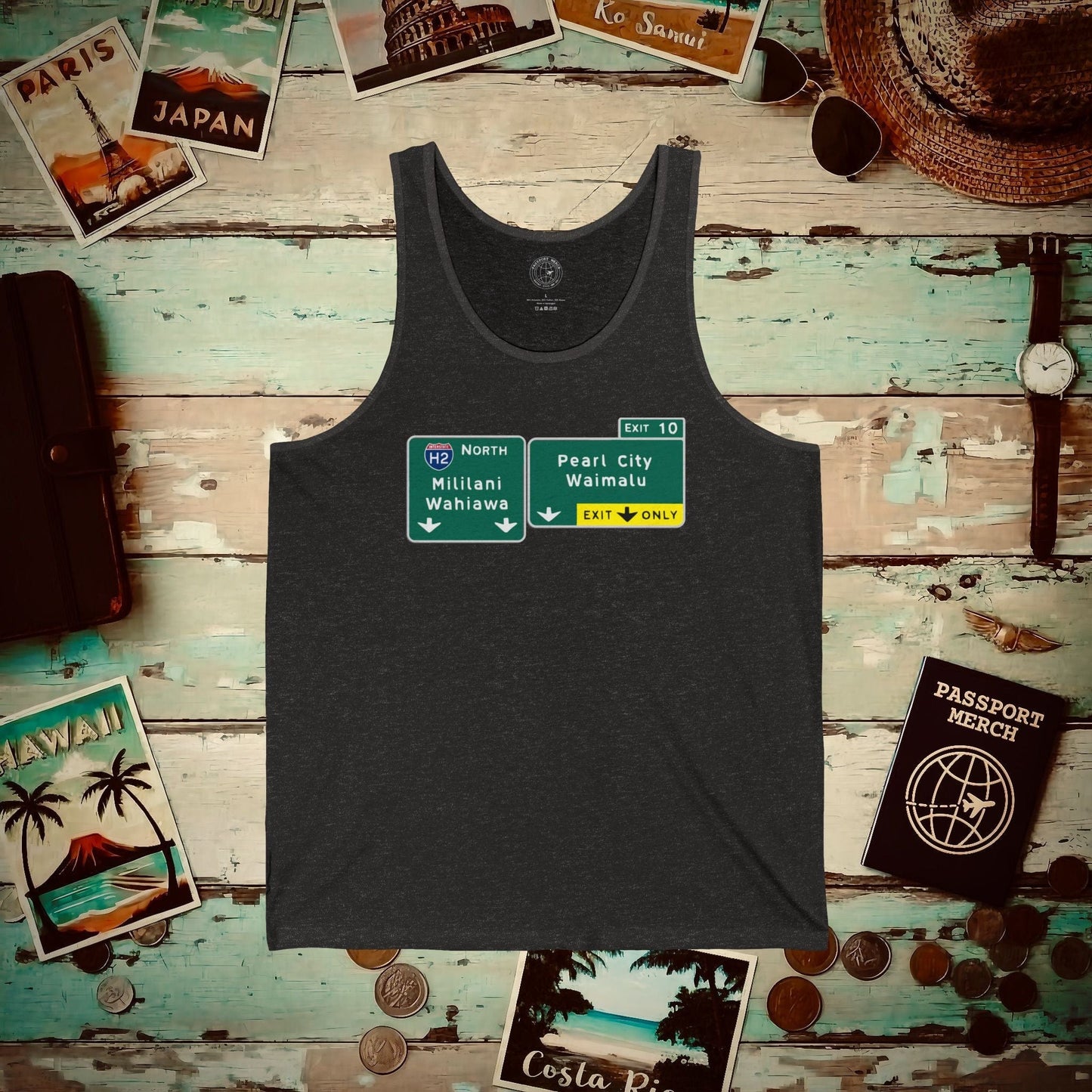 Signs of Wanderlust, Pearl City/Waimalu Exit 10, Hawaii Tank Top Charcoal Black TriBlend / XS