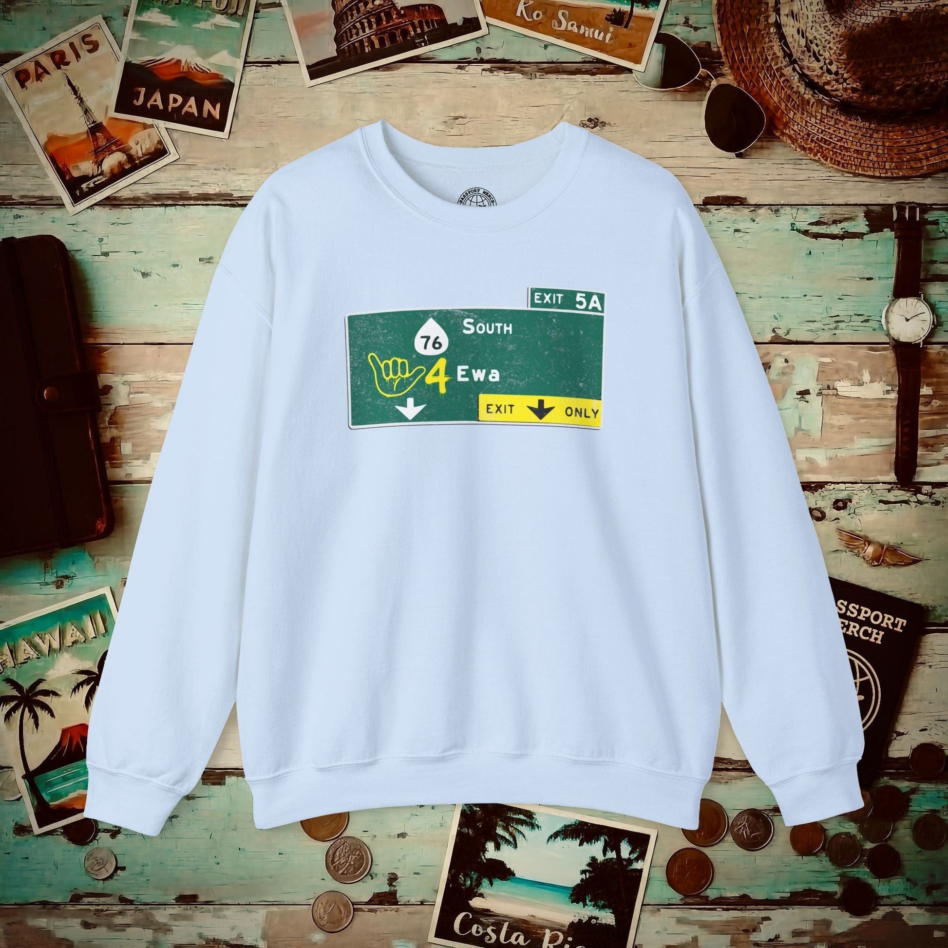 Signs of Wanderlust, Shaka 4 Ewa, Hawaii Crewneck Light Blue / S