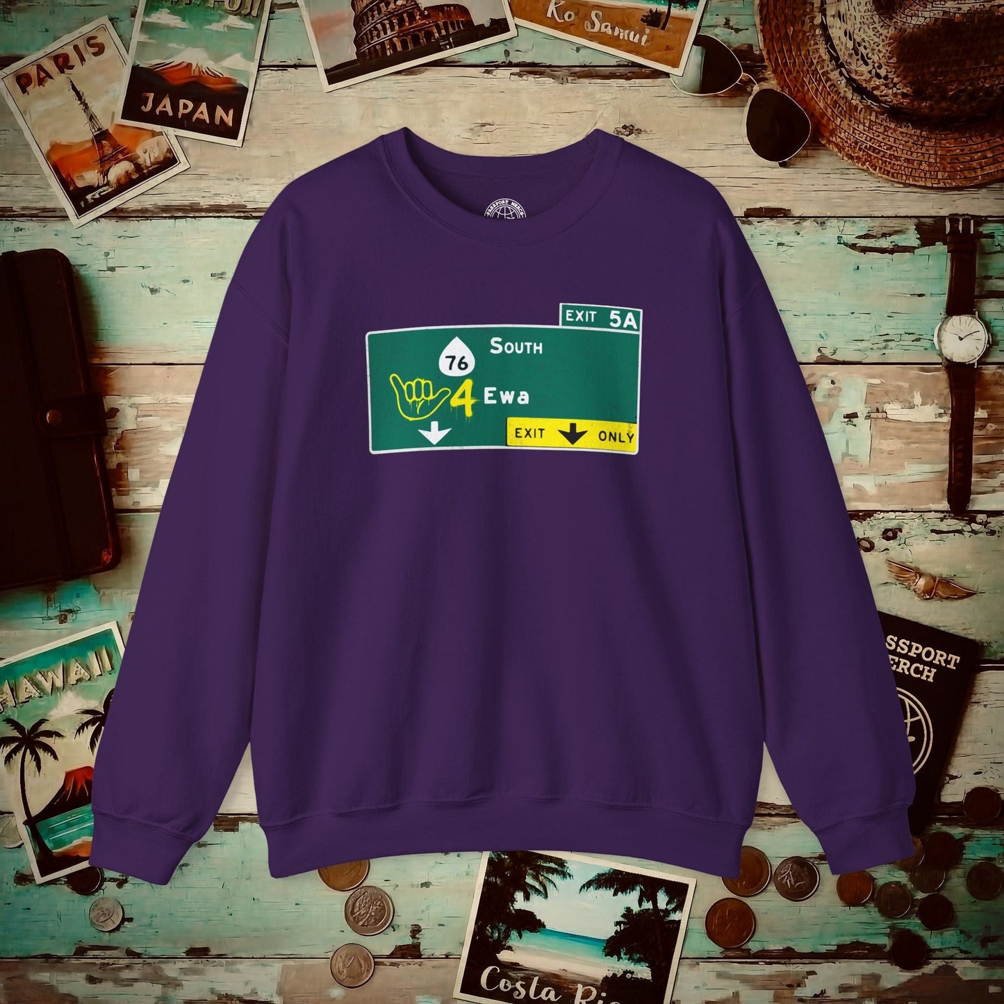 Signs of Wanderlust, Shaka 4 Ewa, Hawaii Crewneck Purple / S
