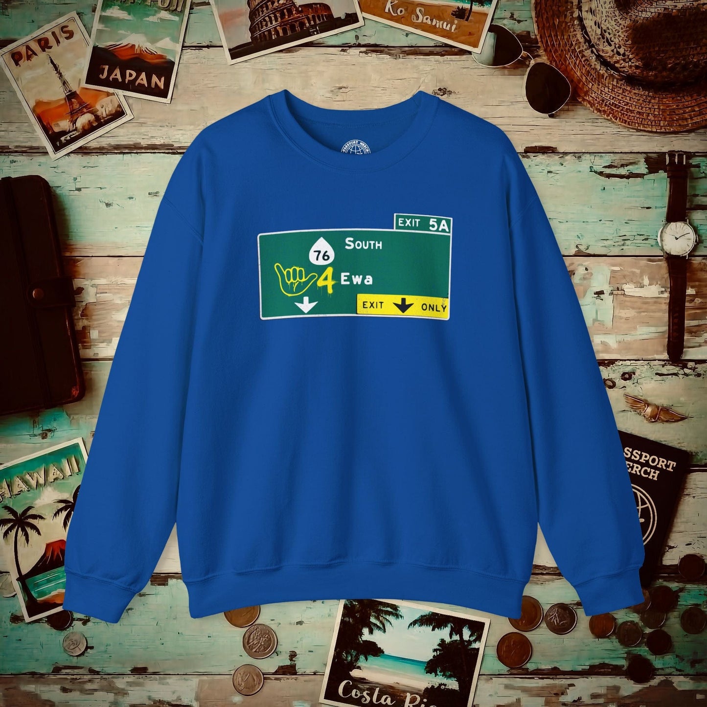 Signs of Wanderlust, Shaka 4 Ewa, Hawaii Crewneck Royal / S
