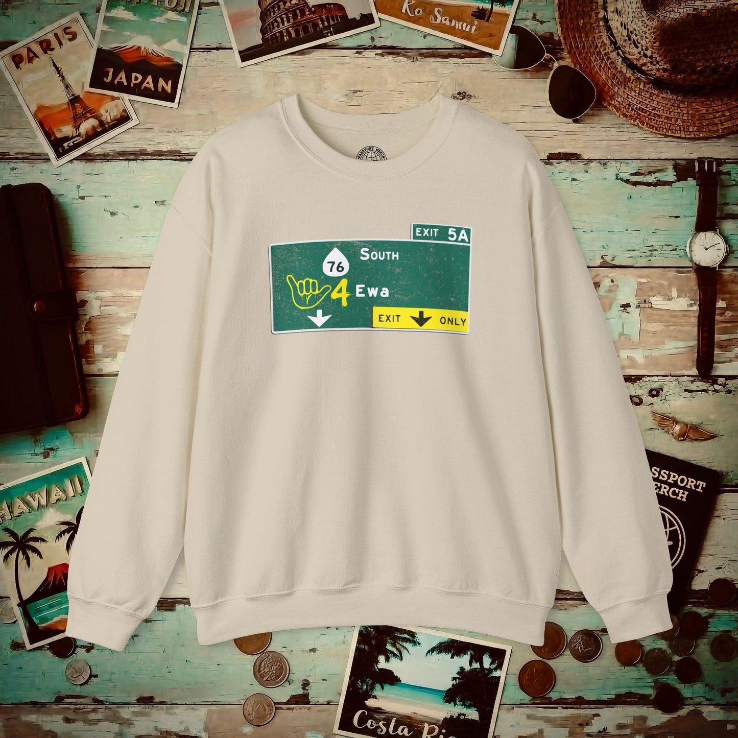 Signs of Wanderlust, Shaka 4 Ewa, Hawaii Crewneck Sand / S